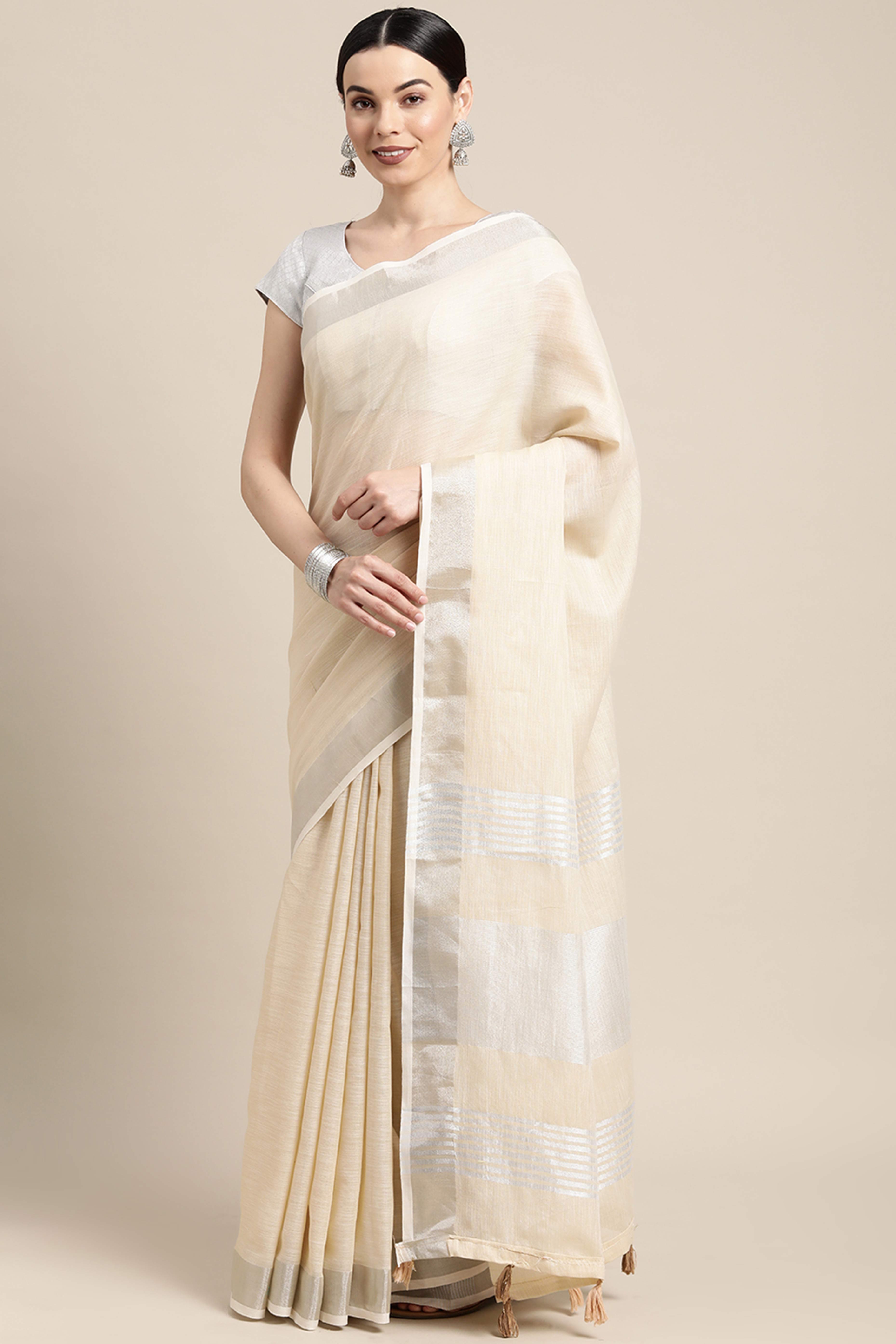 Light Beige Linen Saree Adorned With Silver Zari Weaving Border & Pallu