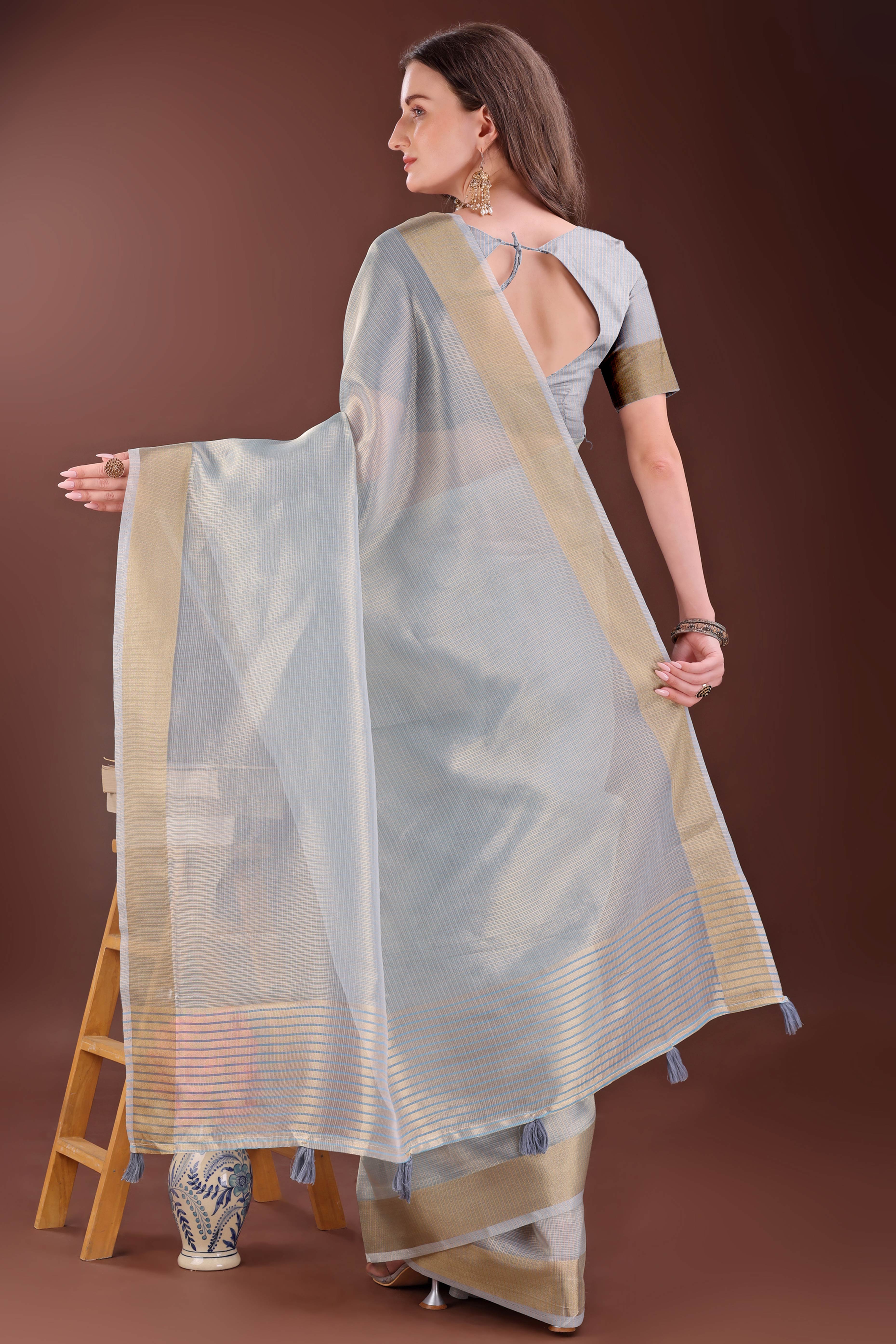 Grey Zari Woven Organza Saree With Graceful Tassel Border