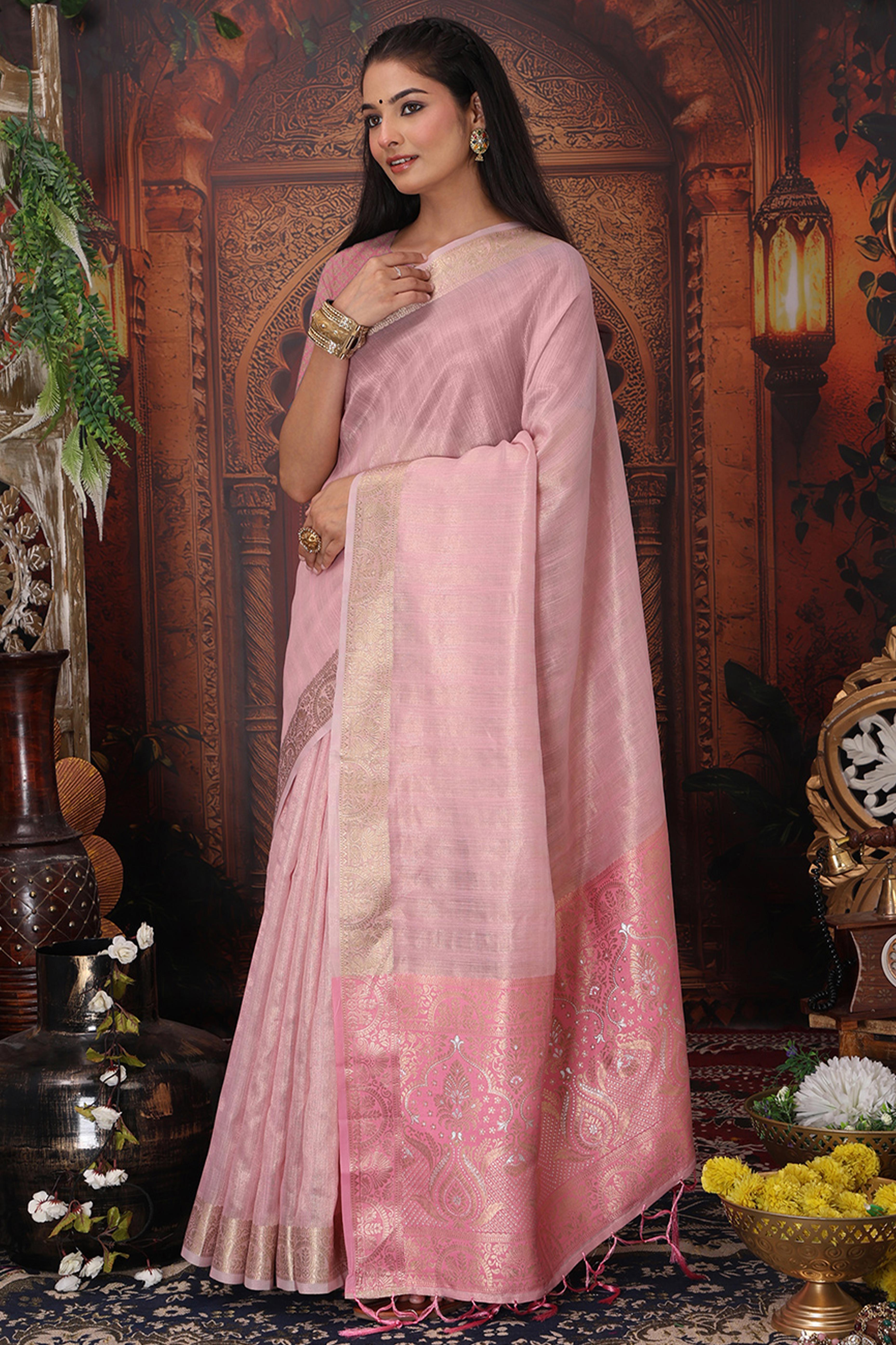 Light Pink Organza Saree Adorned With Floral Zari Weaving & Graceful Tassel Pallu