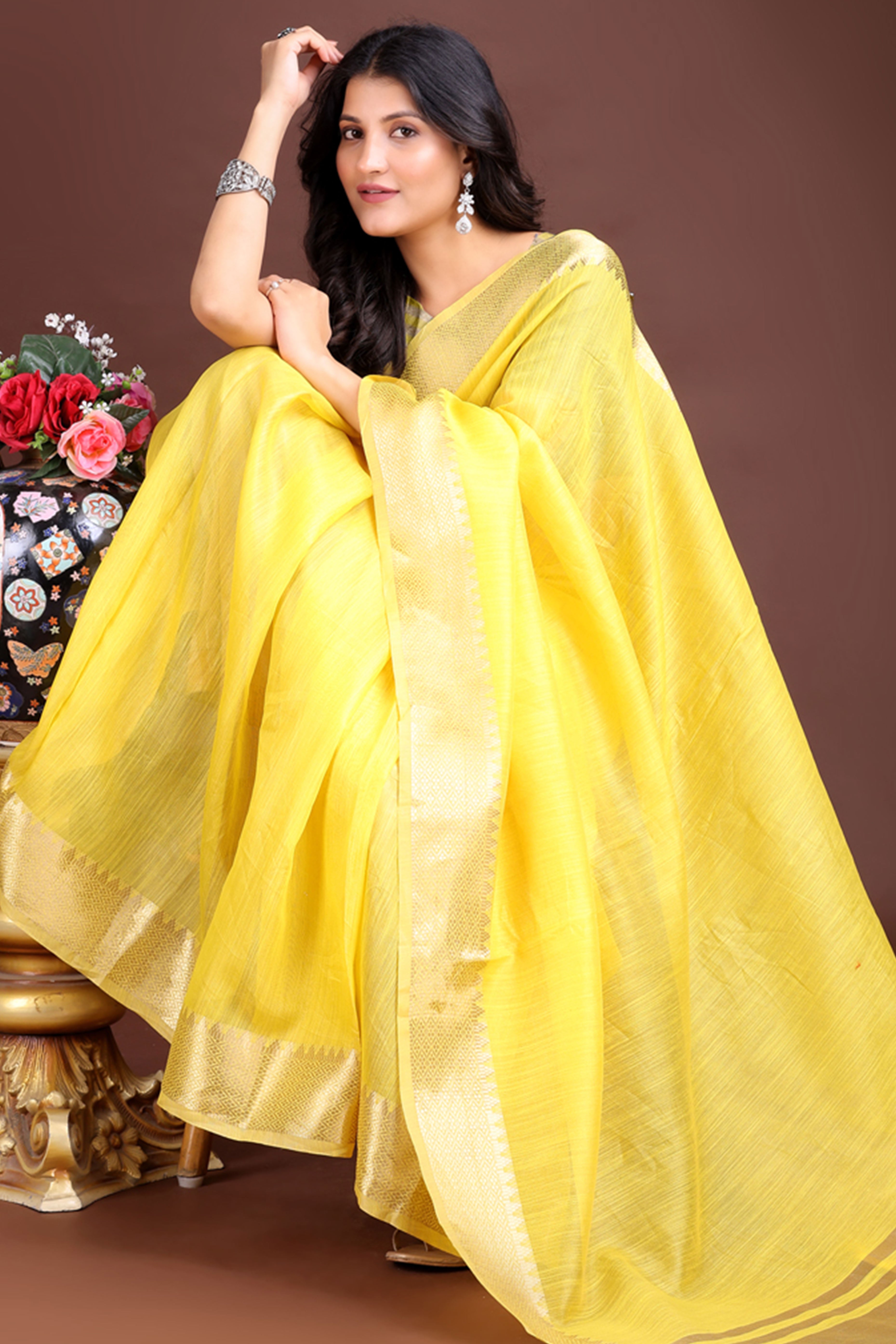 Yellow Cotton Silk Saree with Solid Zari Woven Edge and Tassels