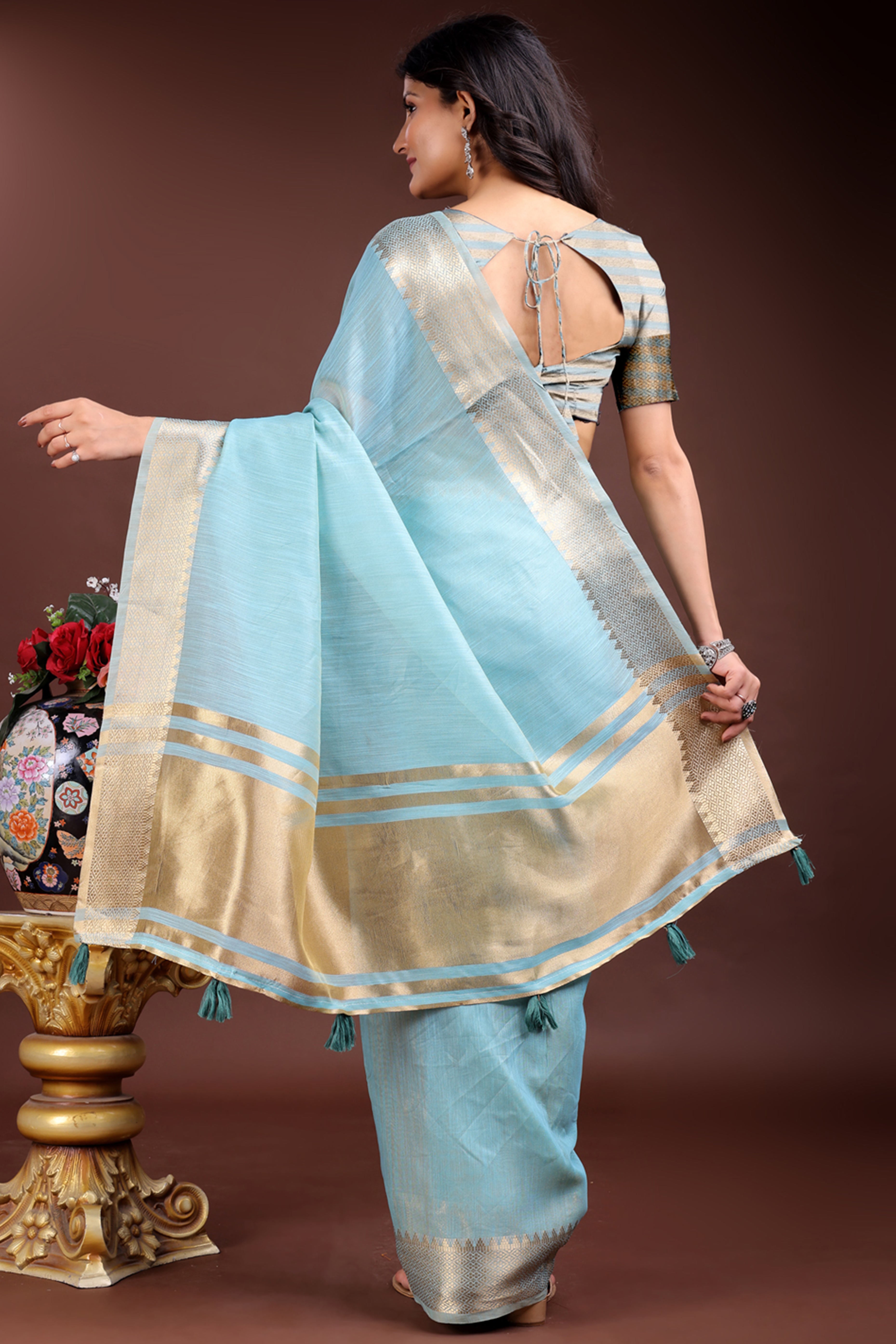Sky Blue Cotton Silk Saree with Solid Zari Woven Trim and Tassels