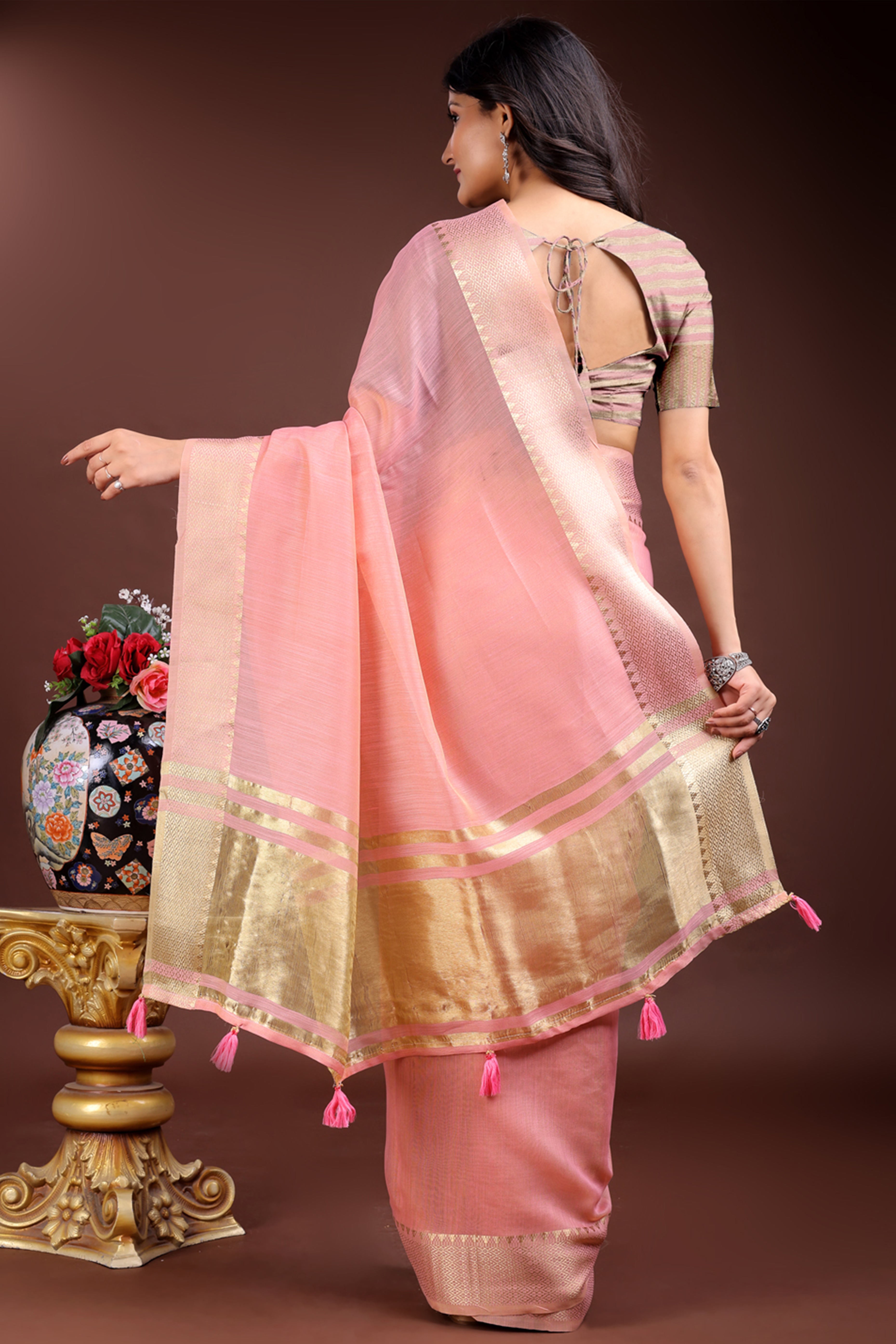Pink Cotton Silk Saree with Solid Zari Woven Accent and Tassels