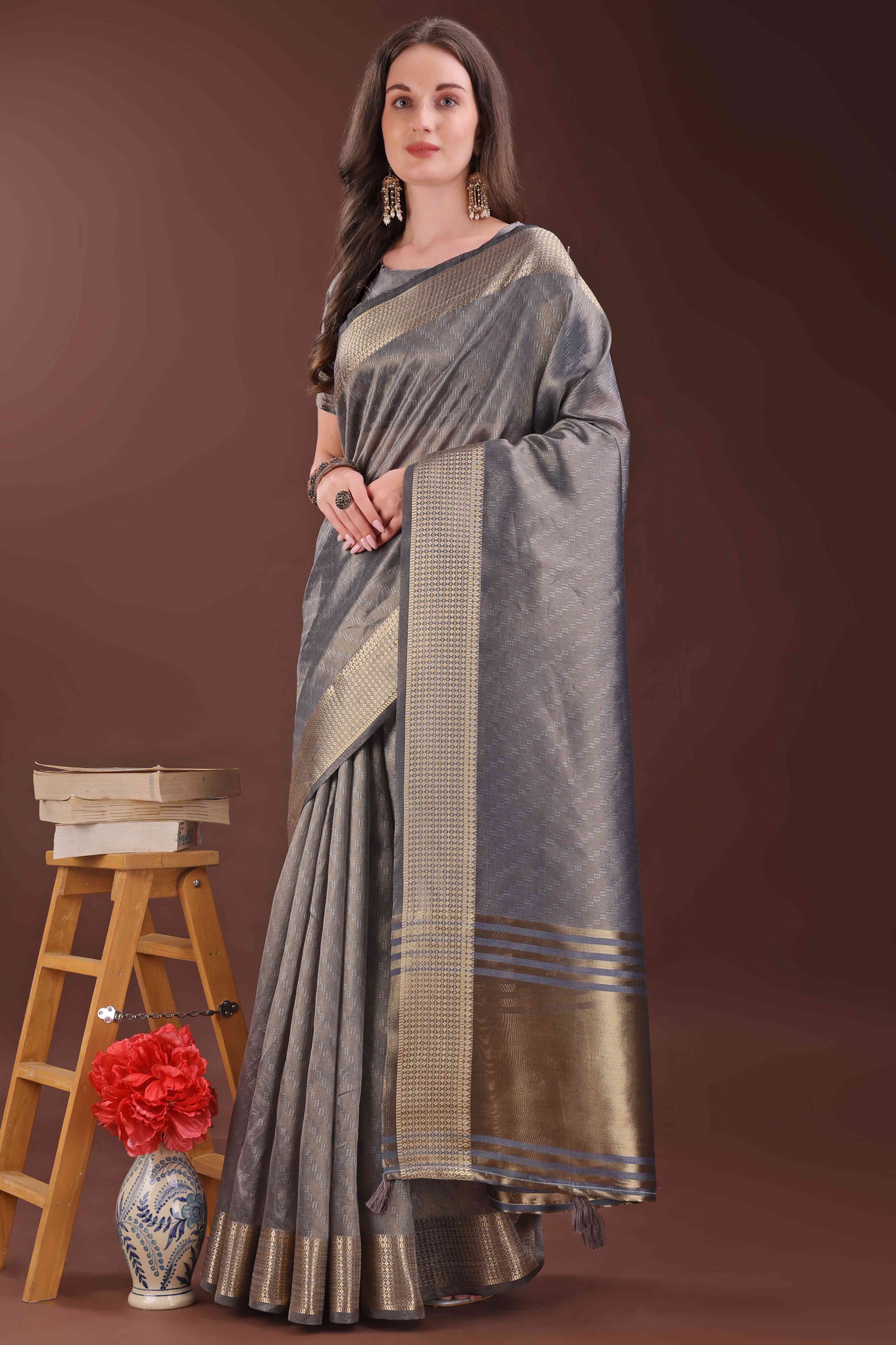 Grey Zari Weaving Organza Saree With Tassel Border