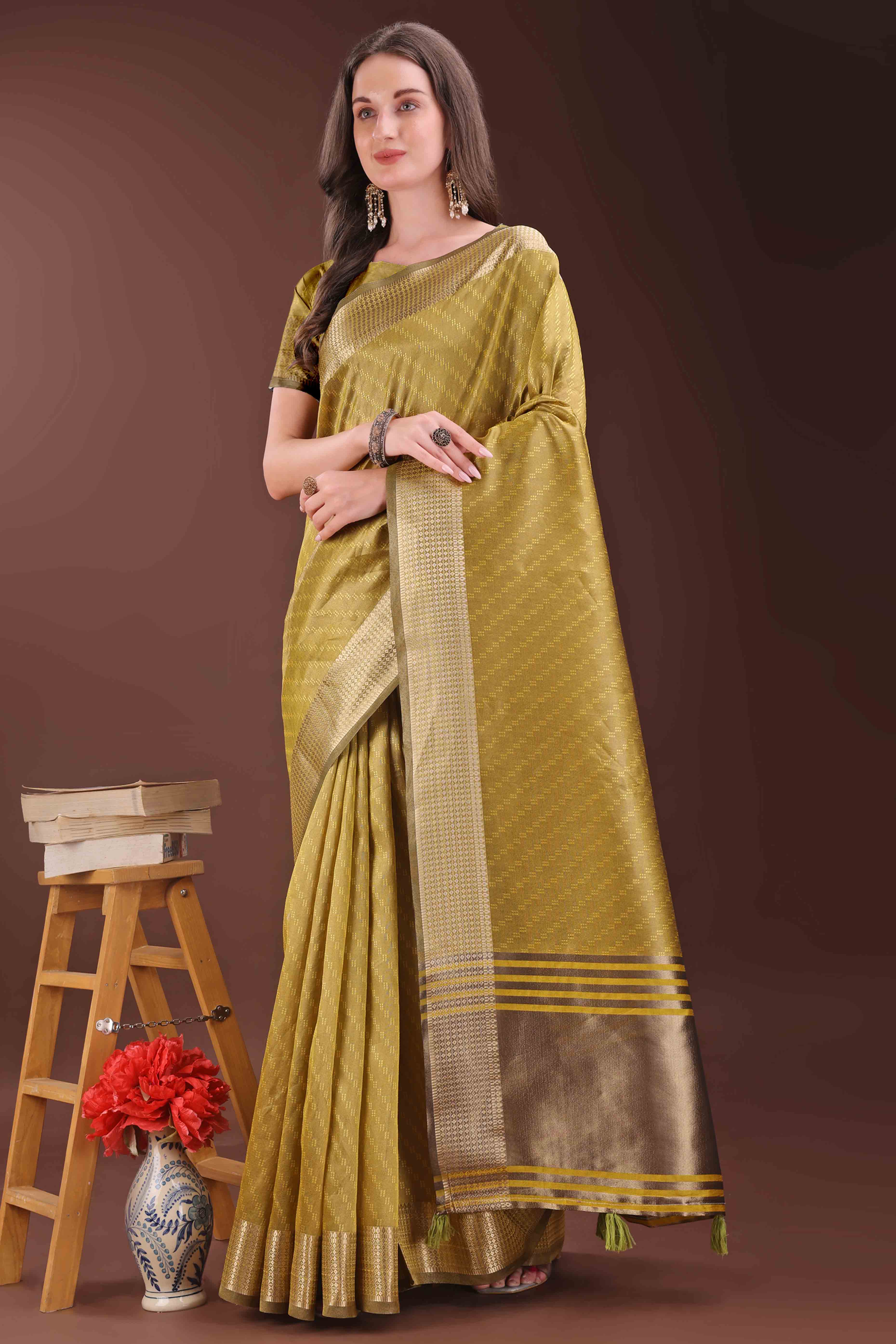 Mustard Zari Weaving Organza Saree With Tassel Border