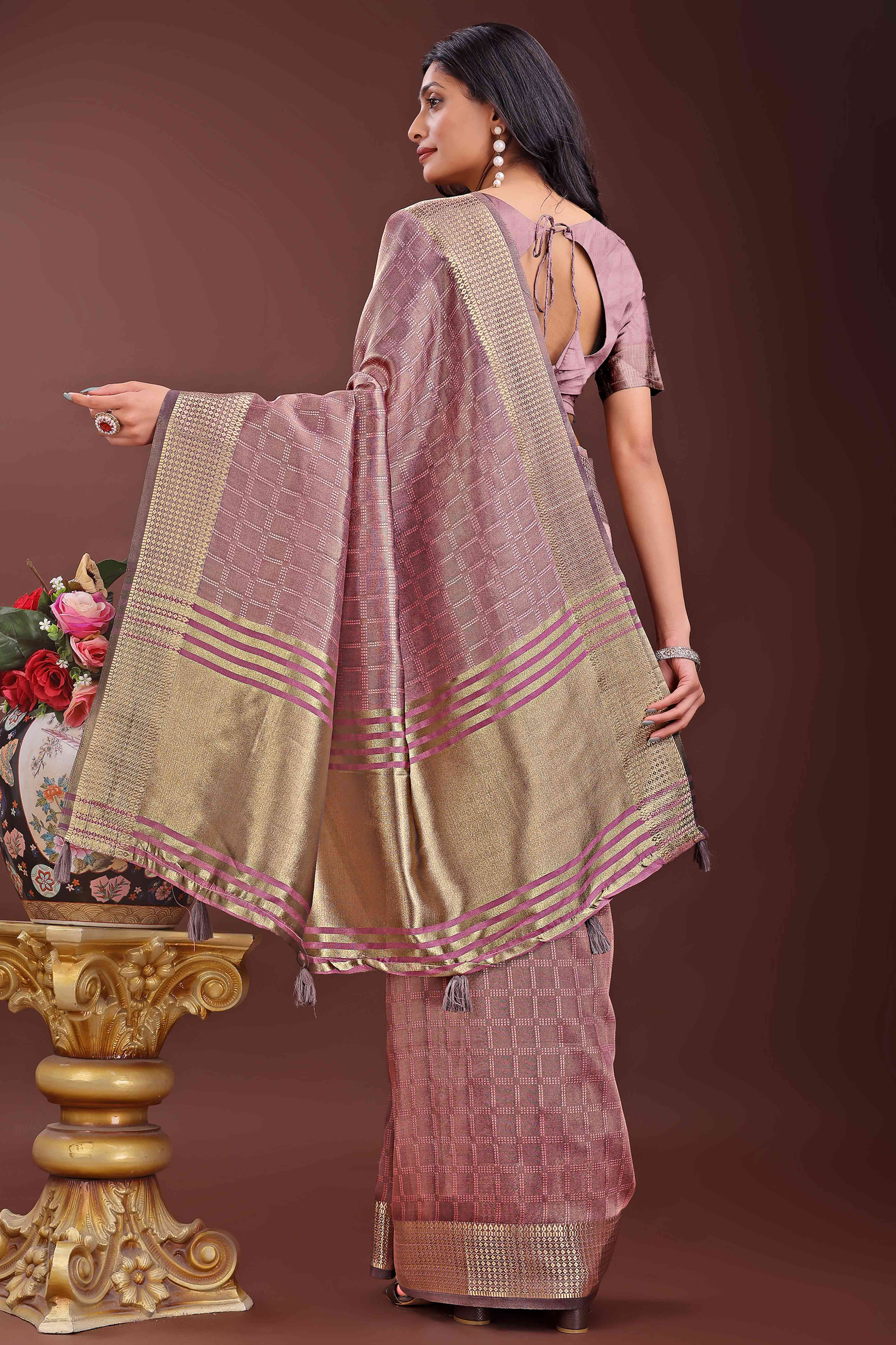 Mauve Organza Saree With Intricate Zari Woven Checks & Tassel Border