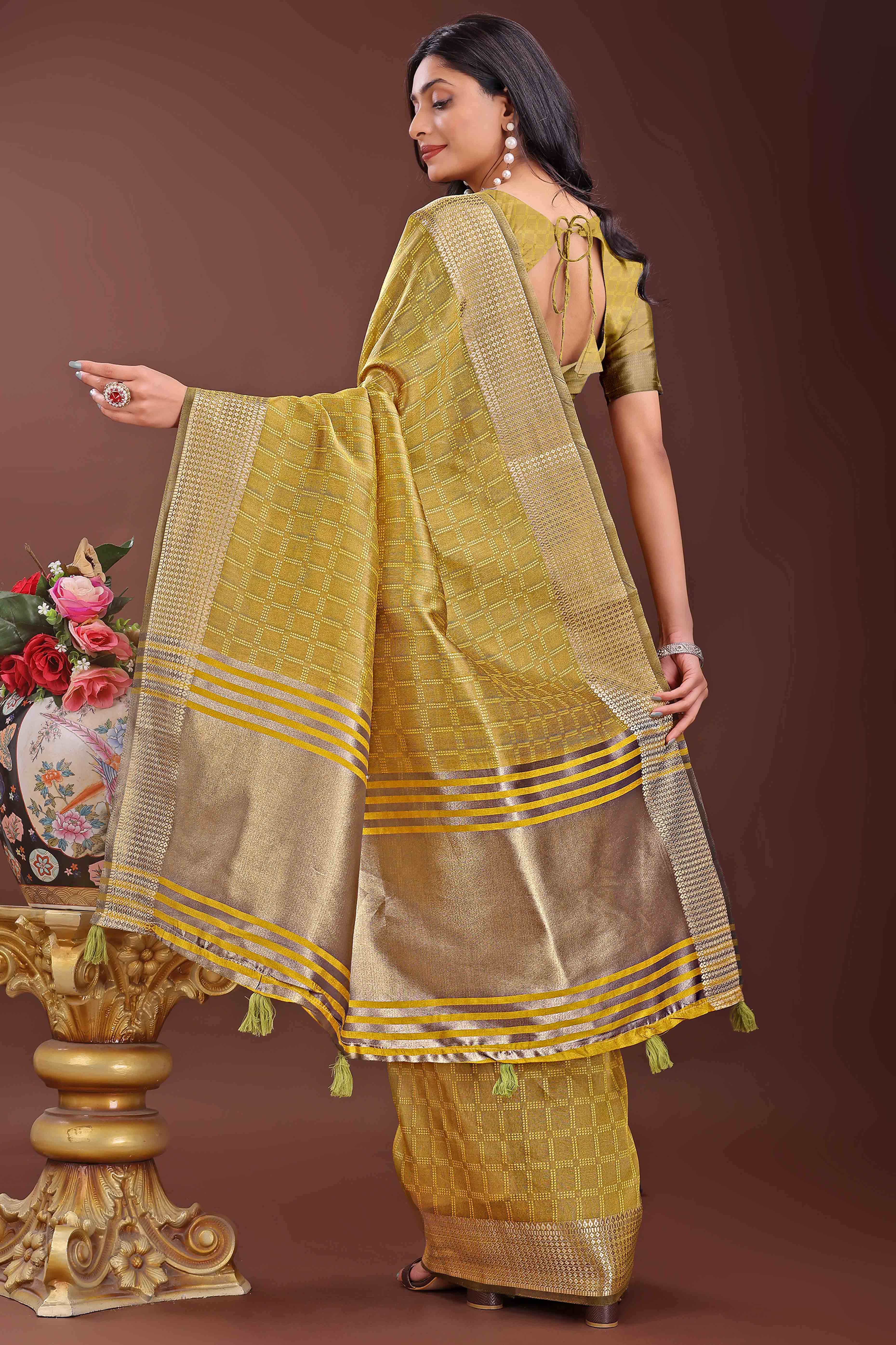 Mustard Organza Saree With Intricate Zari Woven Checks & Tassel Border