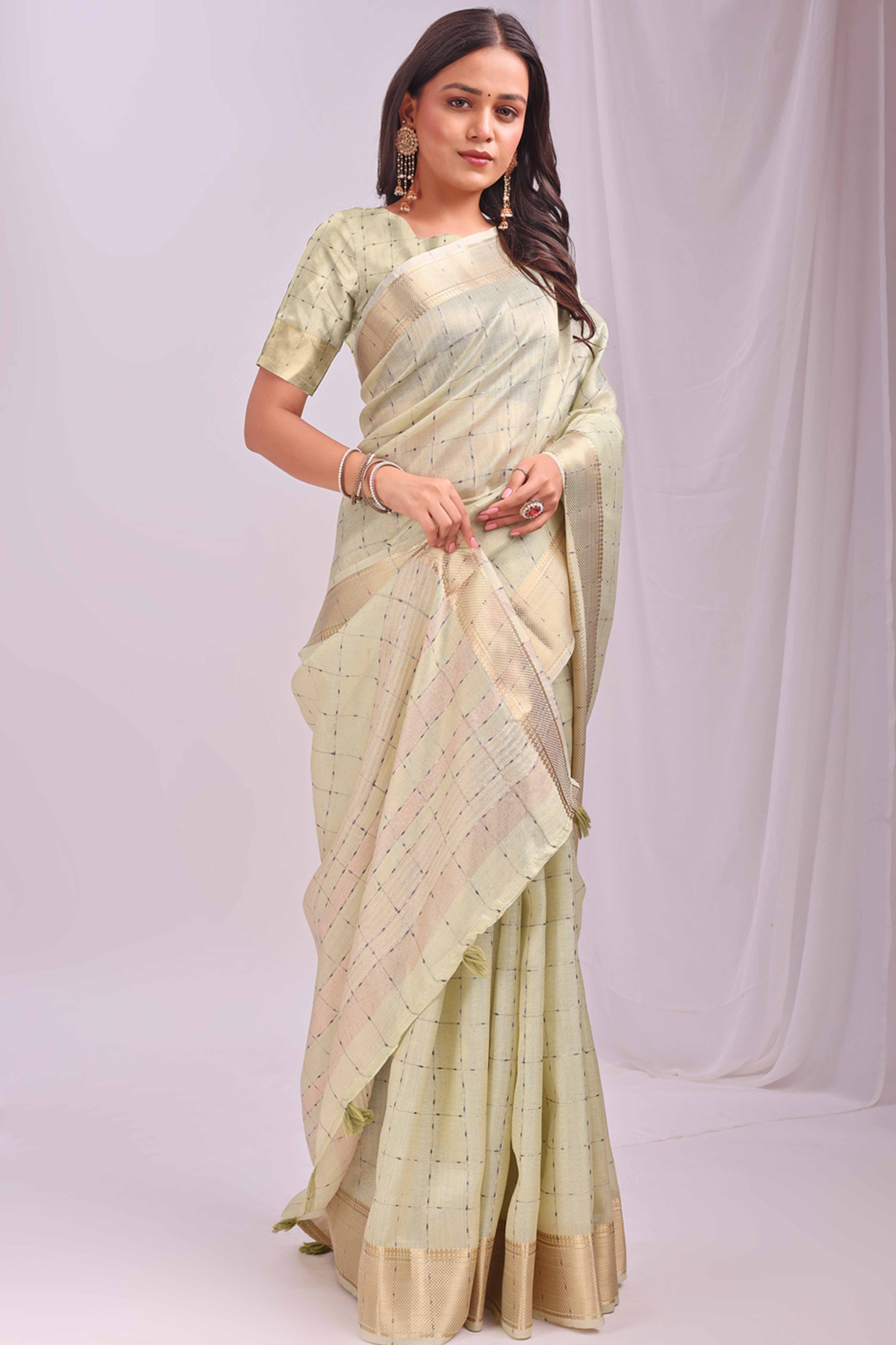 Light Green Lightweight Organza Saree with Rich Zari Checks Pattern