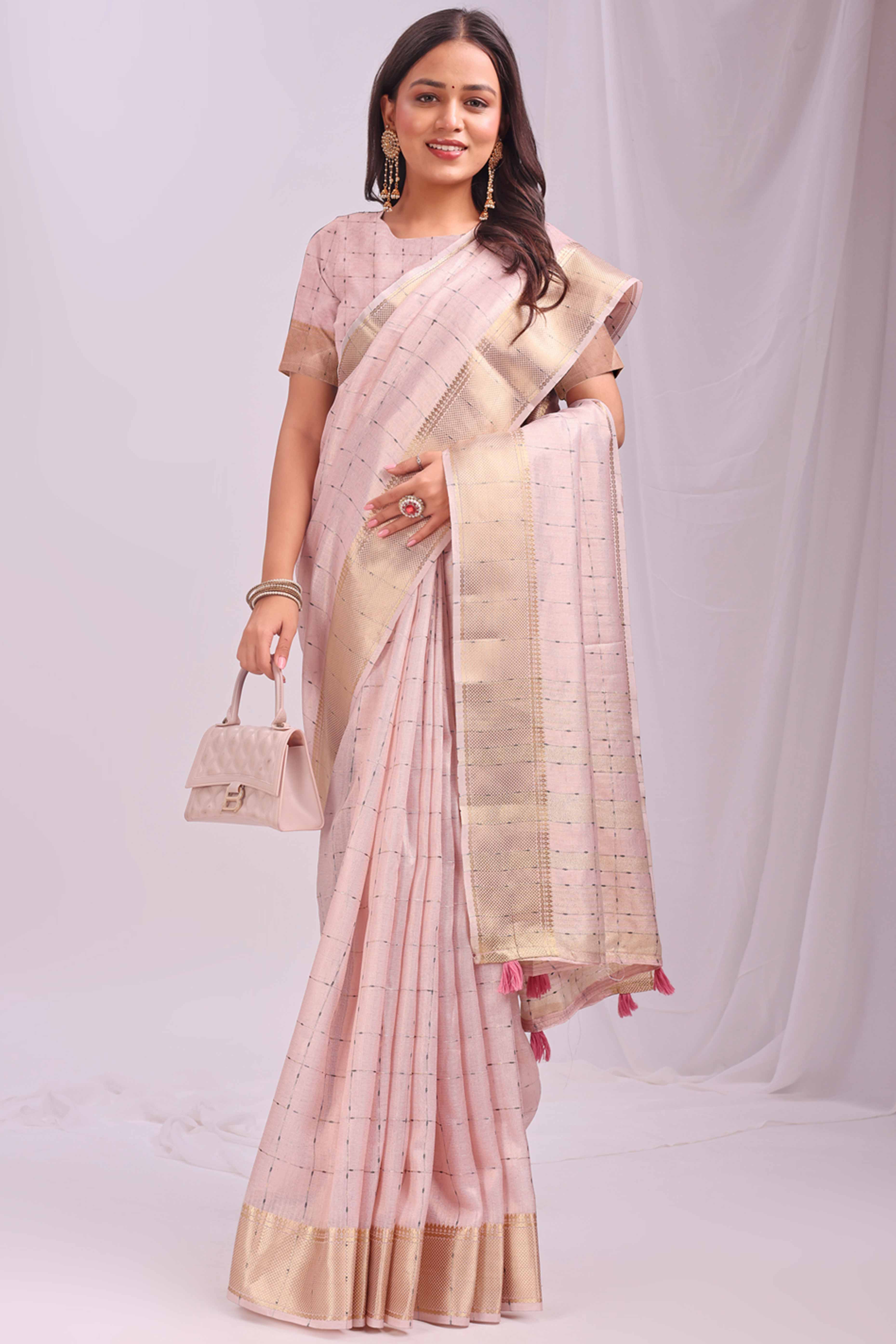 Peach Lightweight Organza Saree with Rich Zari Checks Pattern