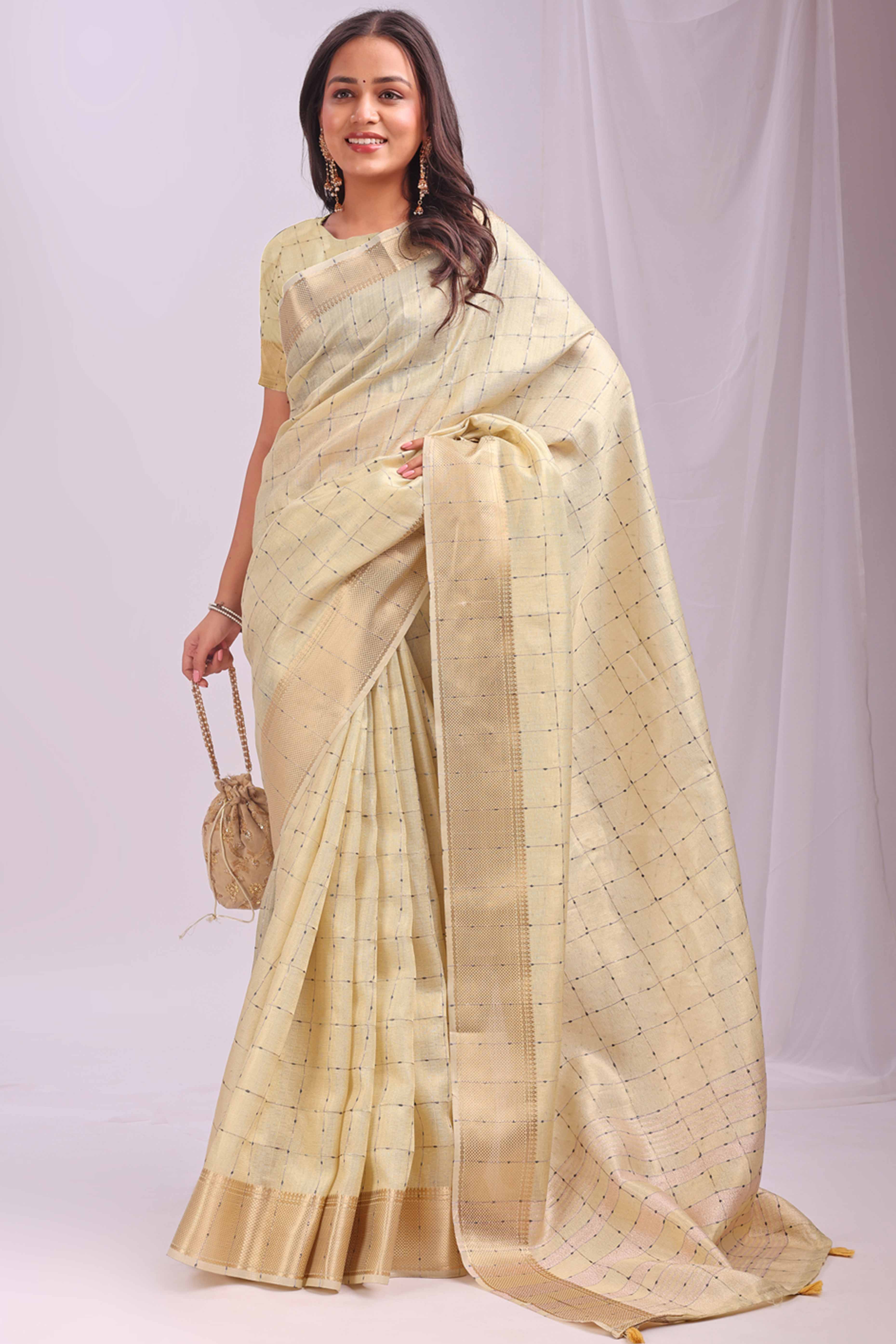 Gold Lightweight Organza Saree with Rich Zari Checks Pattern