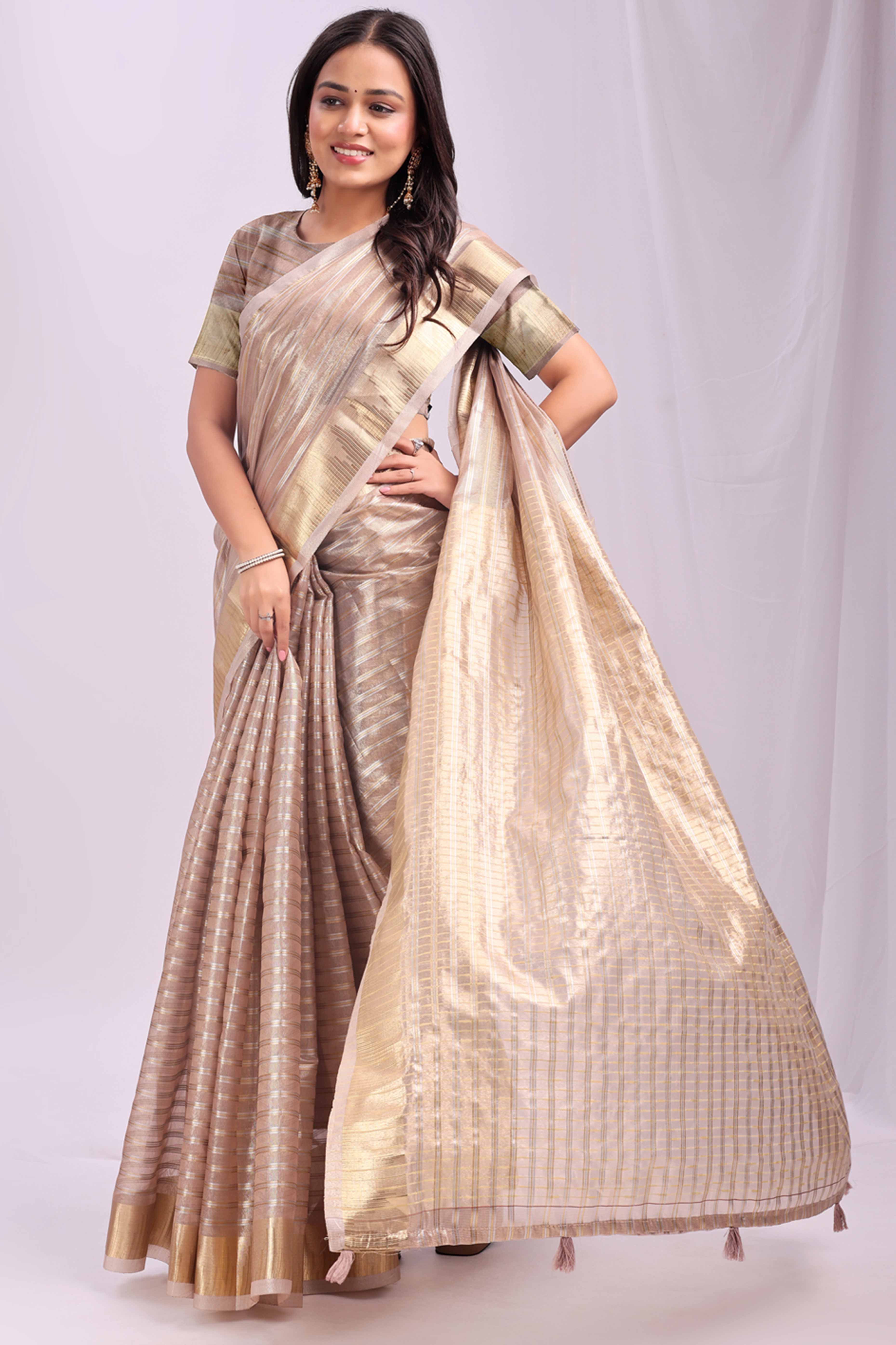 Beige Lightweight Organza Saree with Rich Zari Stripes Pattern