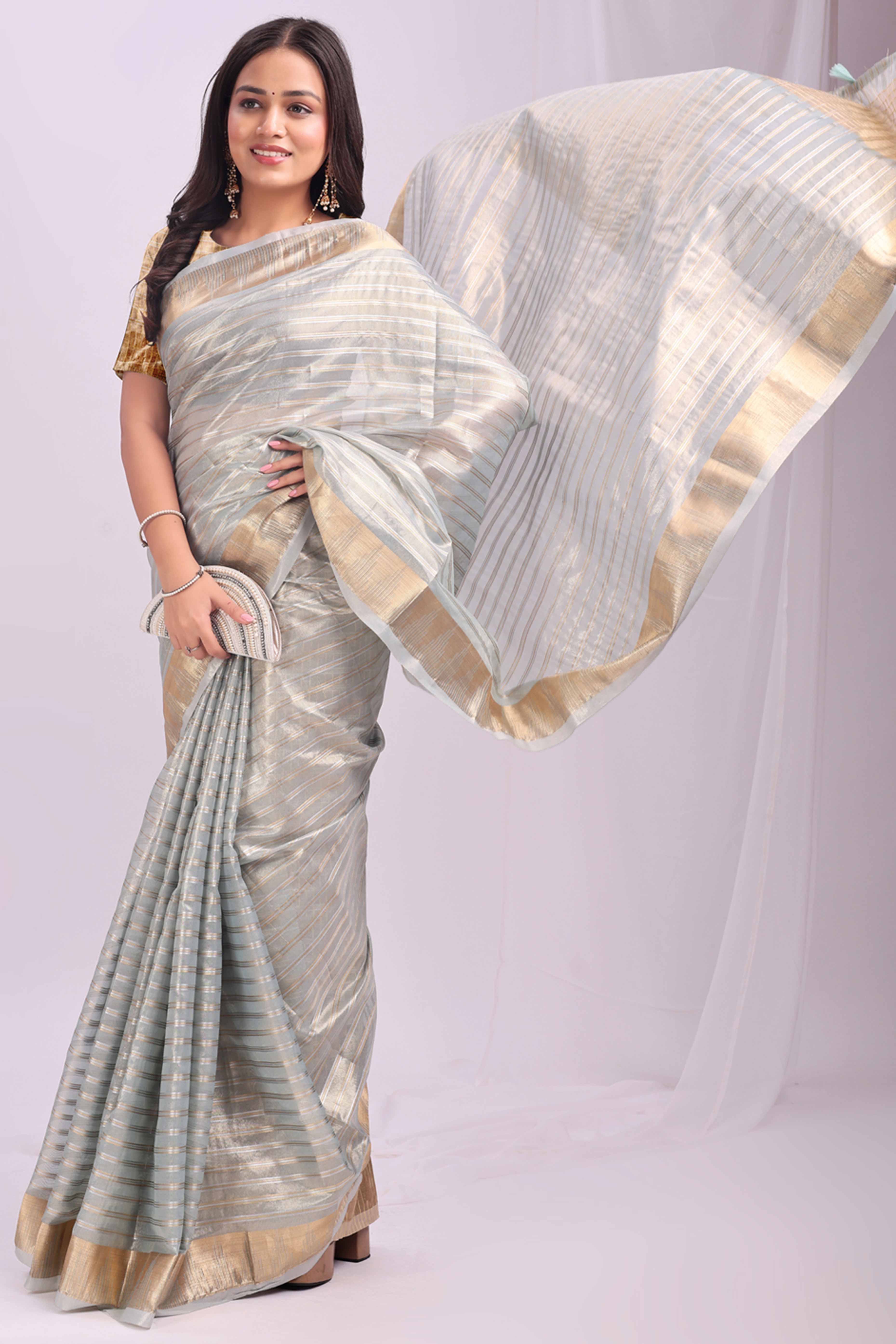 Sky Blue Lightweight Organza Saree with Rich Zari Stripes Pattern