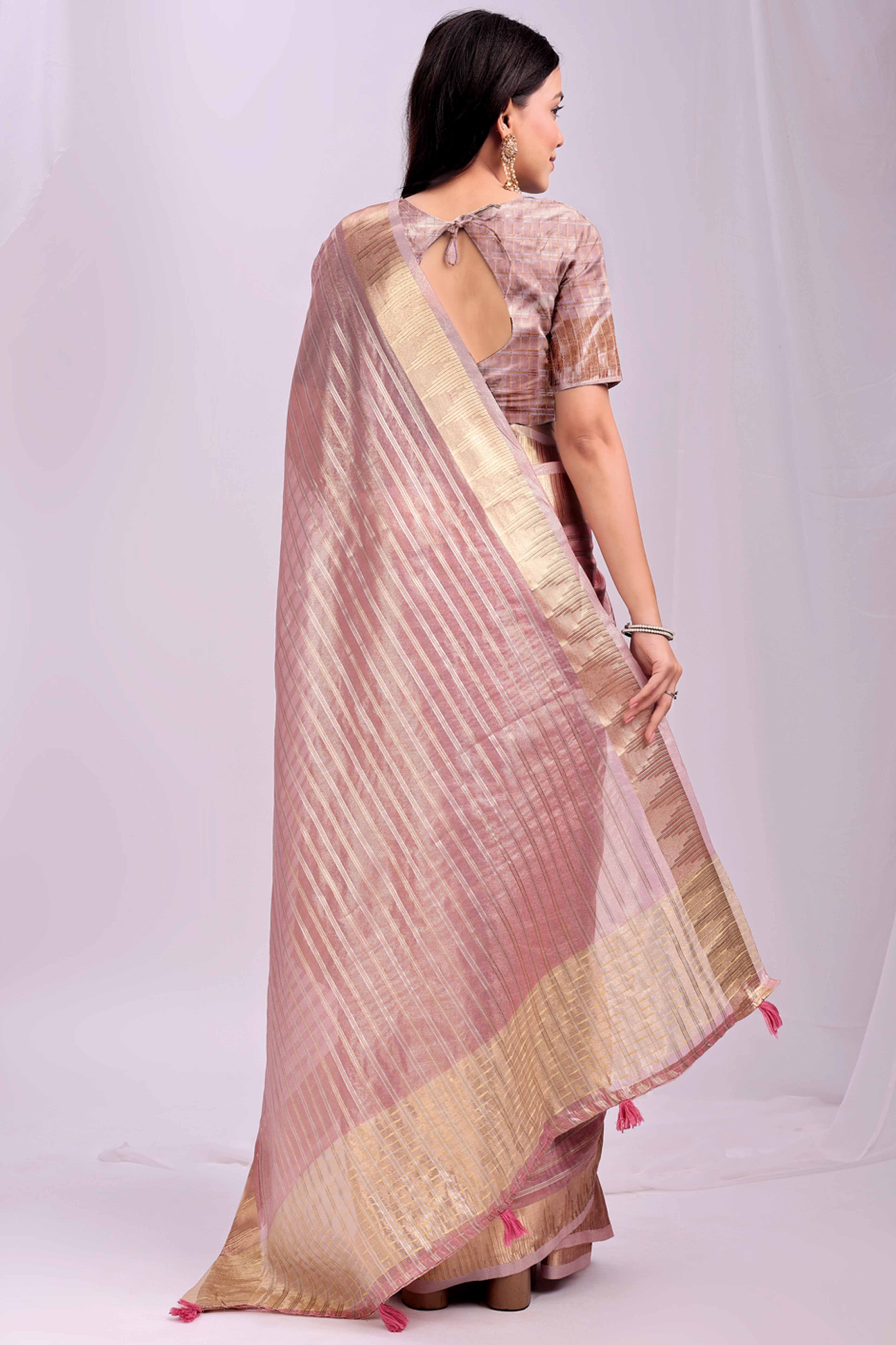 Pink Lightweight Organza Saree with Rich Zari Stripes Pattern
