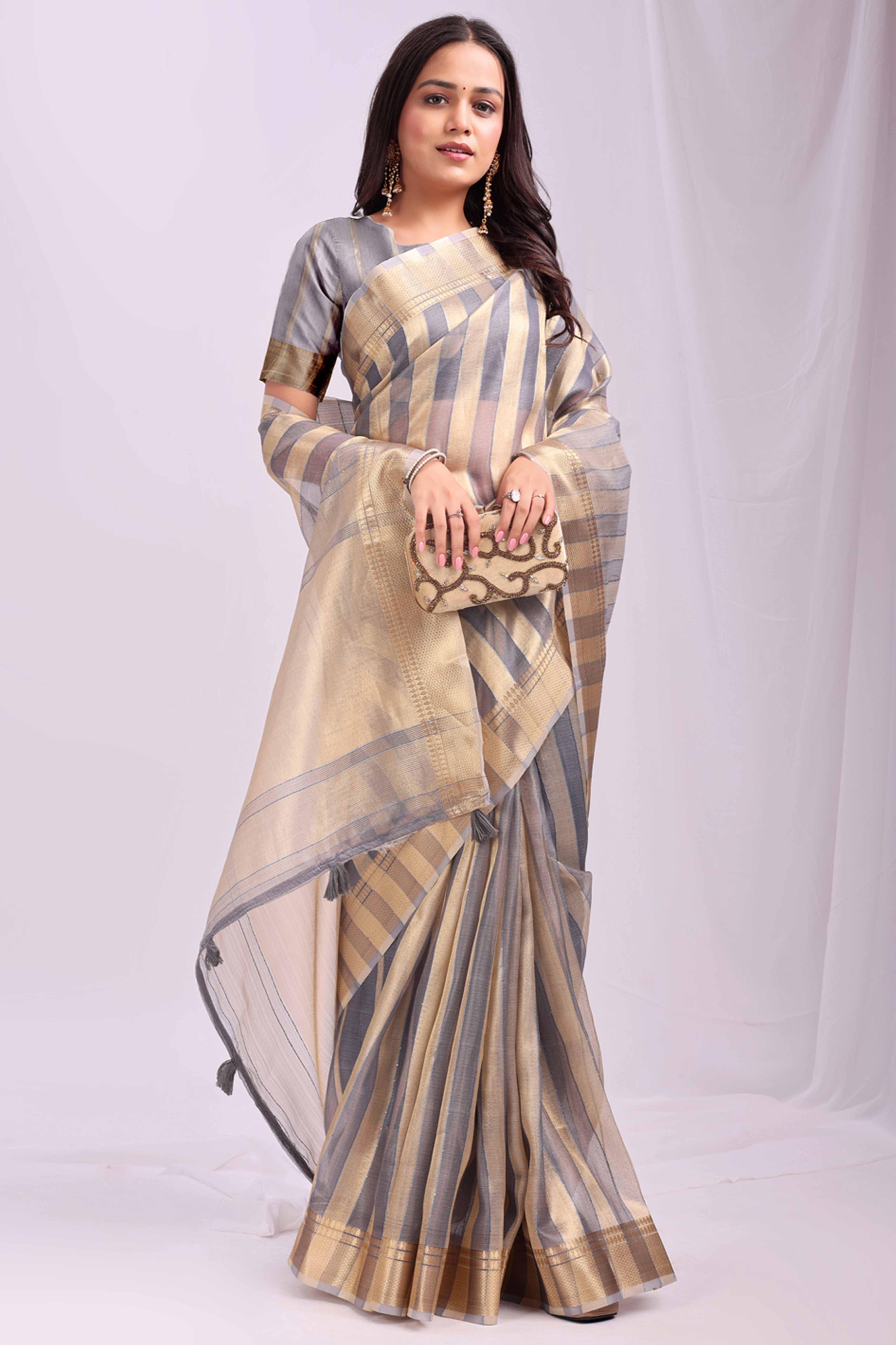 Grey Lightweight Organza Saree with Rich Zari Stripes Pattern