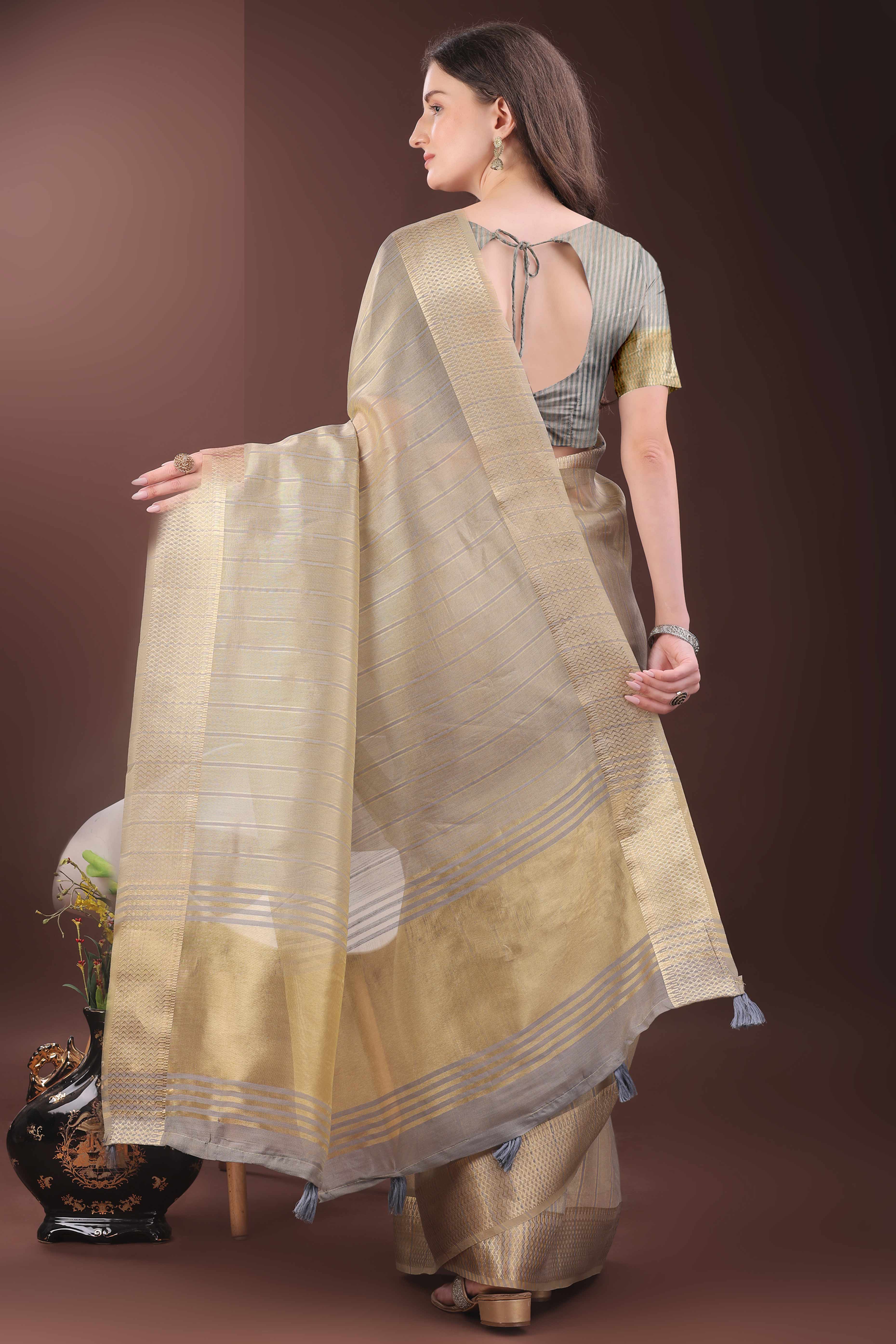 Beige Organza Saree With Zari Woven Stripes & Elegant Tassel Border