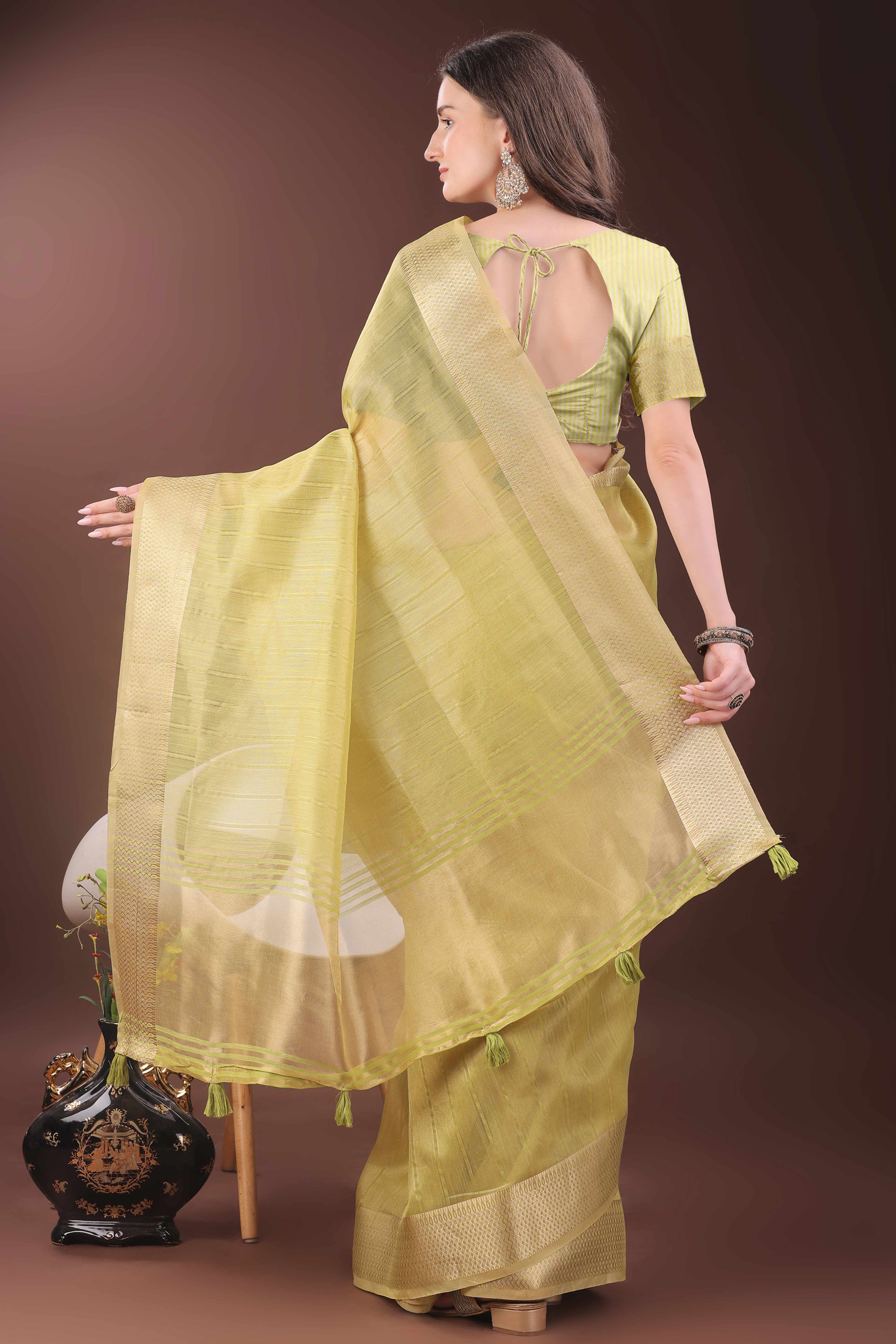 Lemon Yellow Organza Saree With Zari Woven Stripes & Elegant Tassel Border