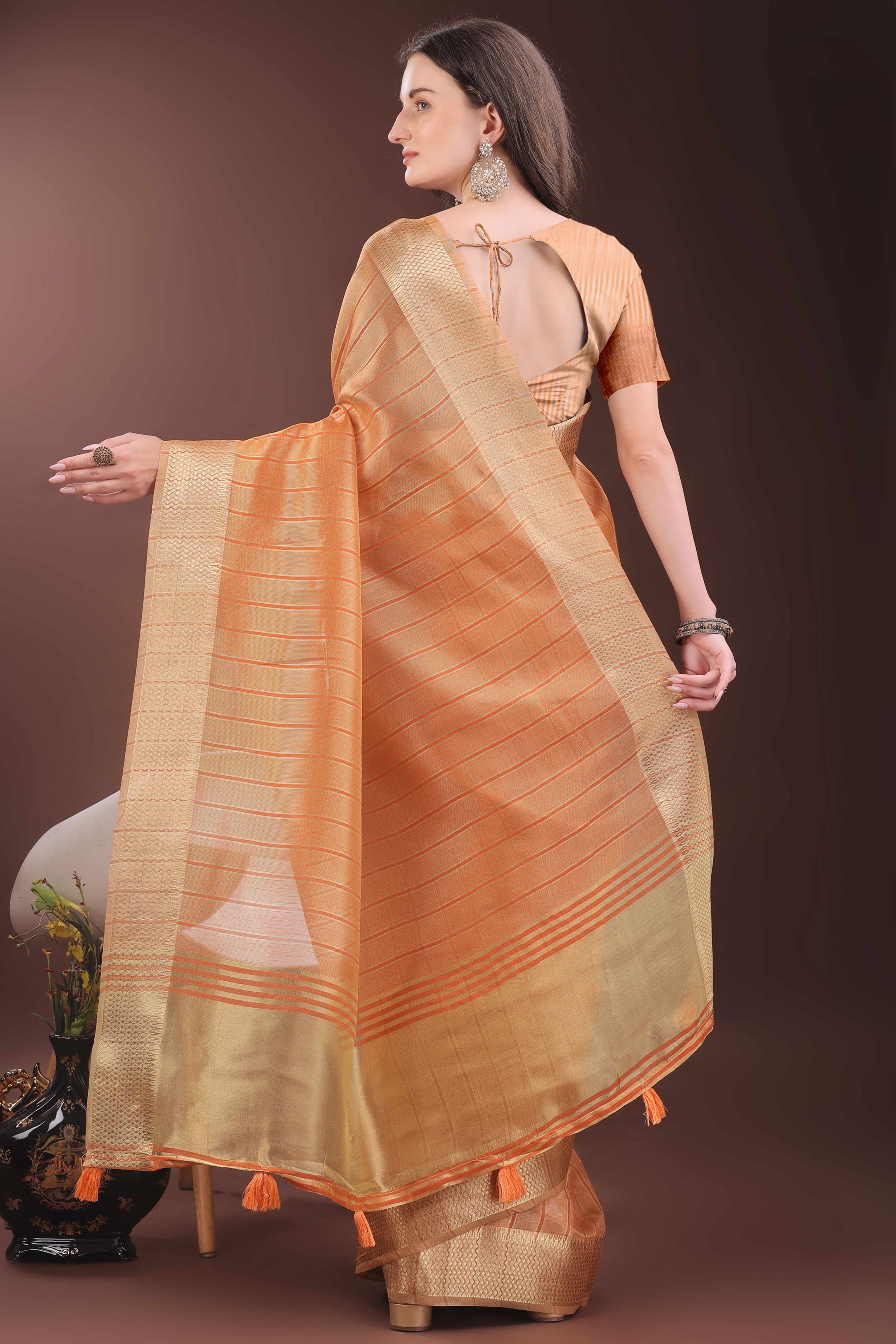 Orange Organza Saree With Zari Woven Stripes & Elegant Tassel Border