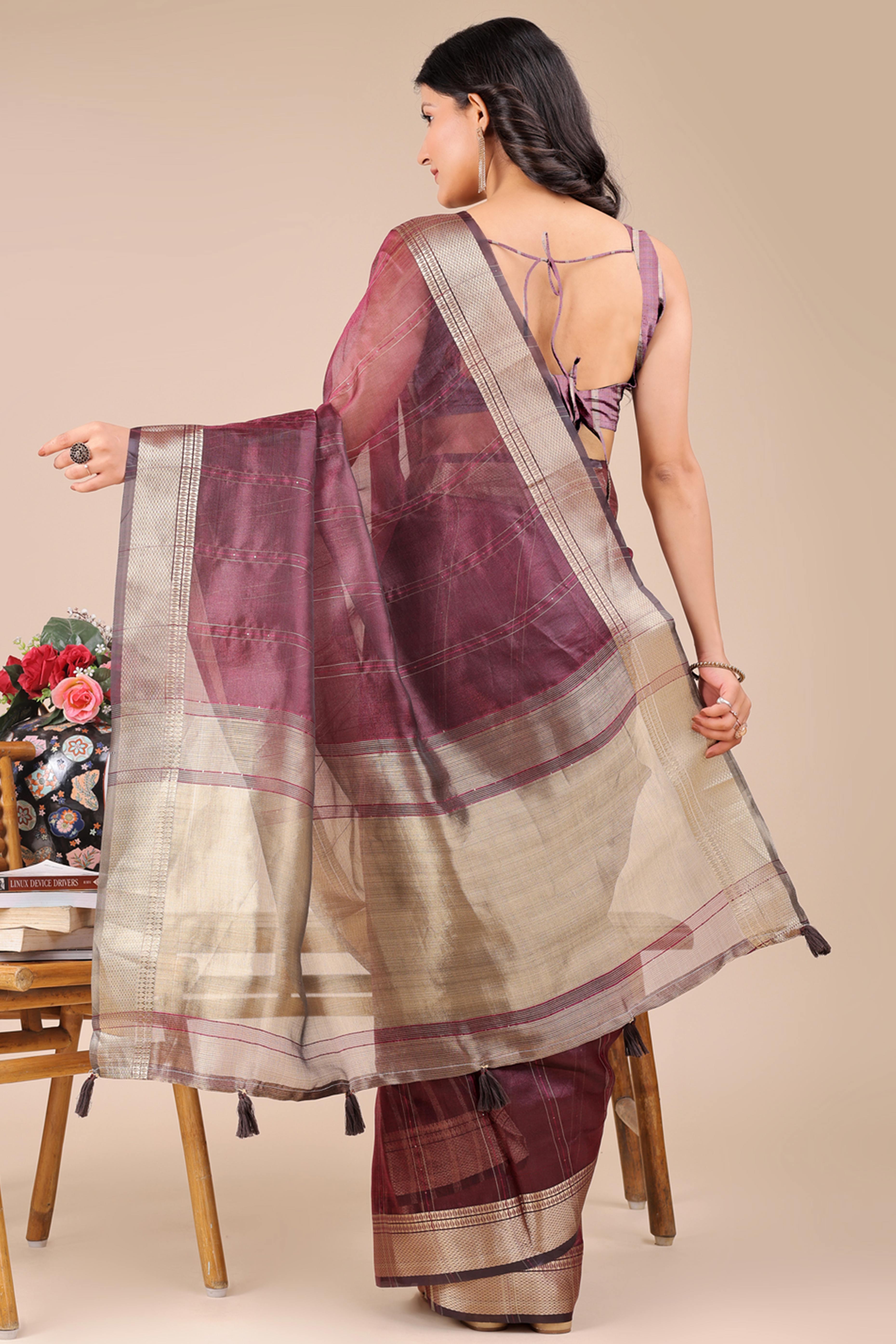 Wine Hue Organza Saree with Shimmering Zari Border Weave