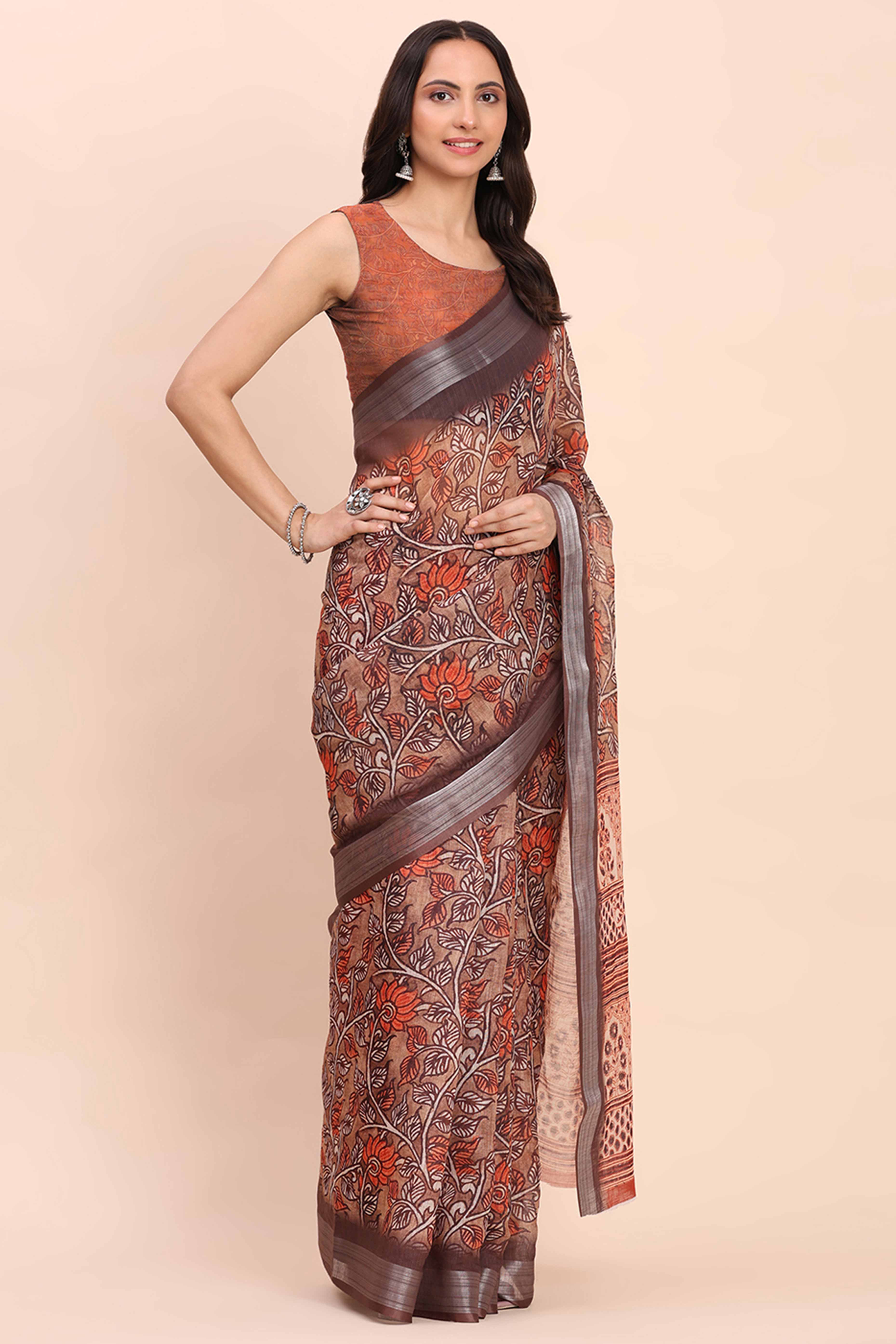 Brown Linen Cotton Saree Featuring Floral Prints & Woven Border