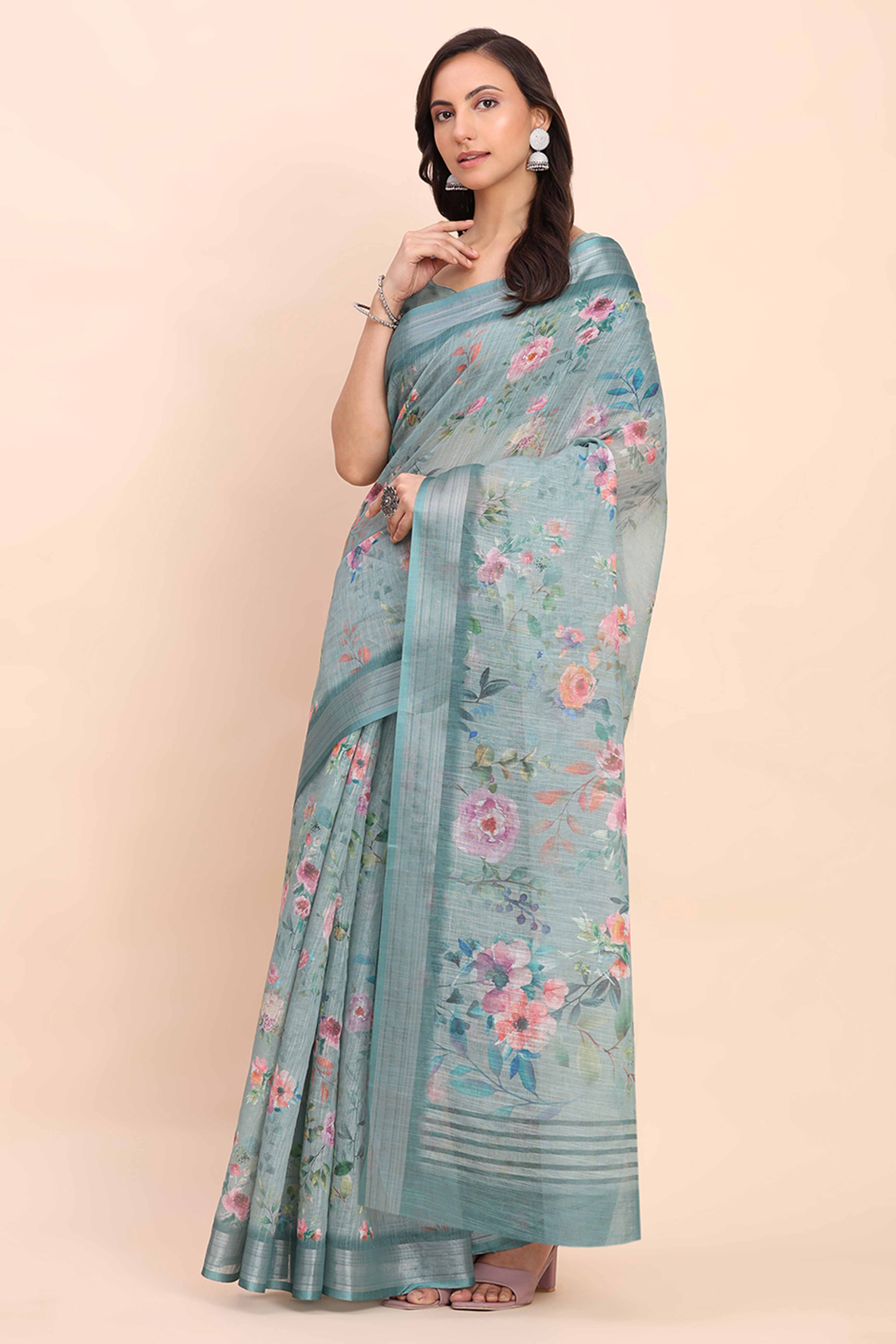 Sea Green Linen Saree with Intricate Silver Weaving