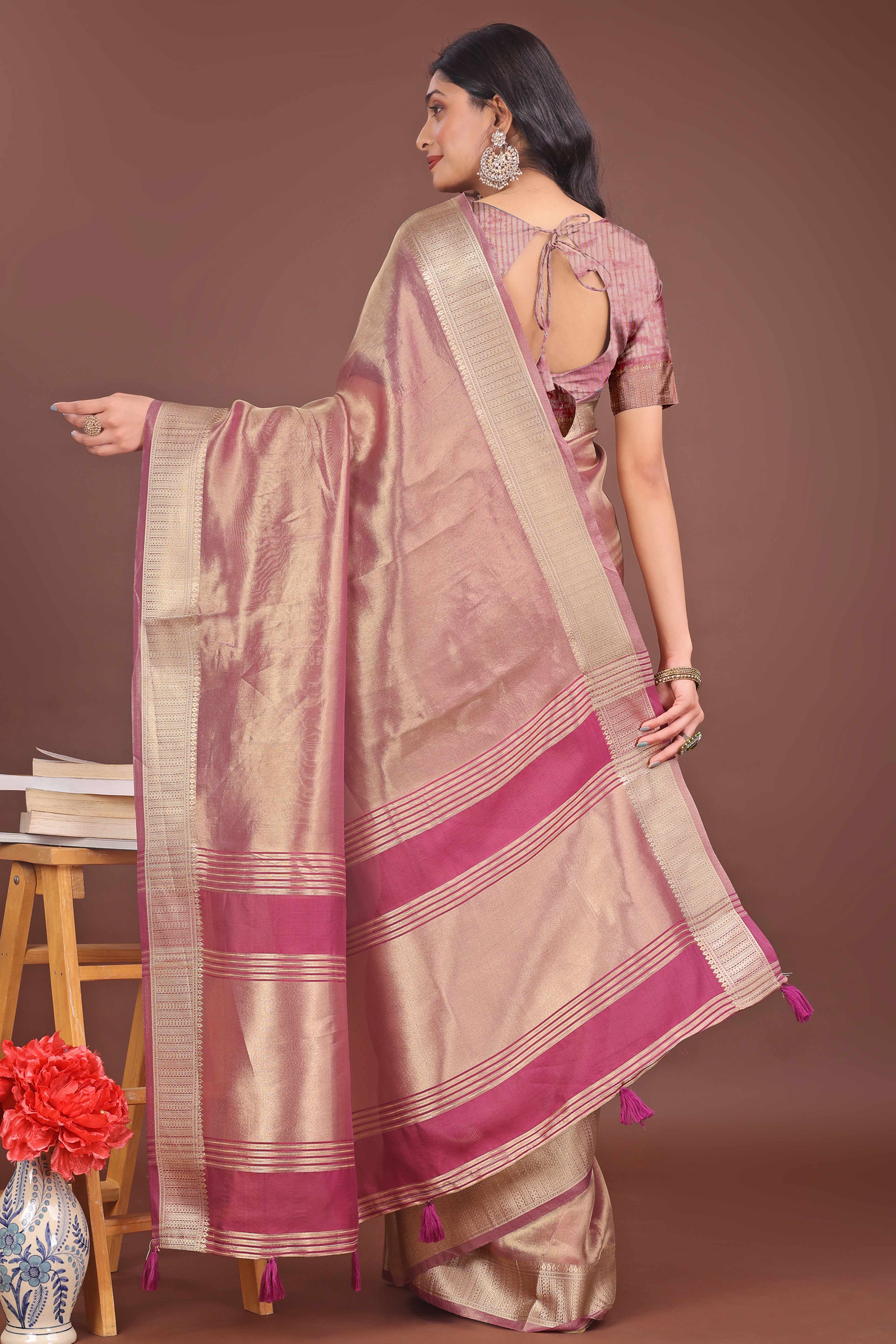 Onion Pink Organza Solid Saree With Lustrous Zari Weave &  Delicate Tassels