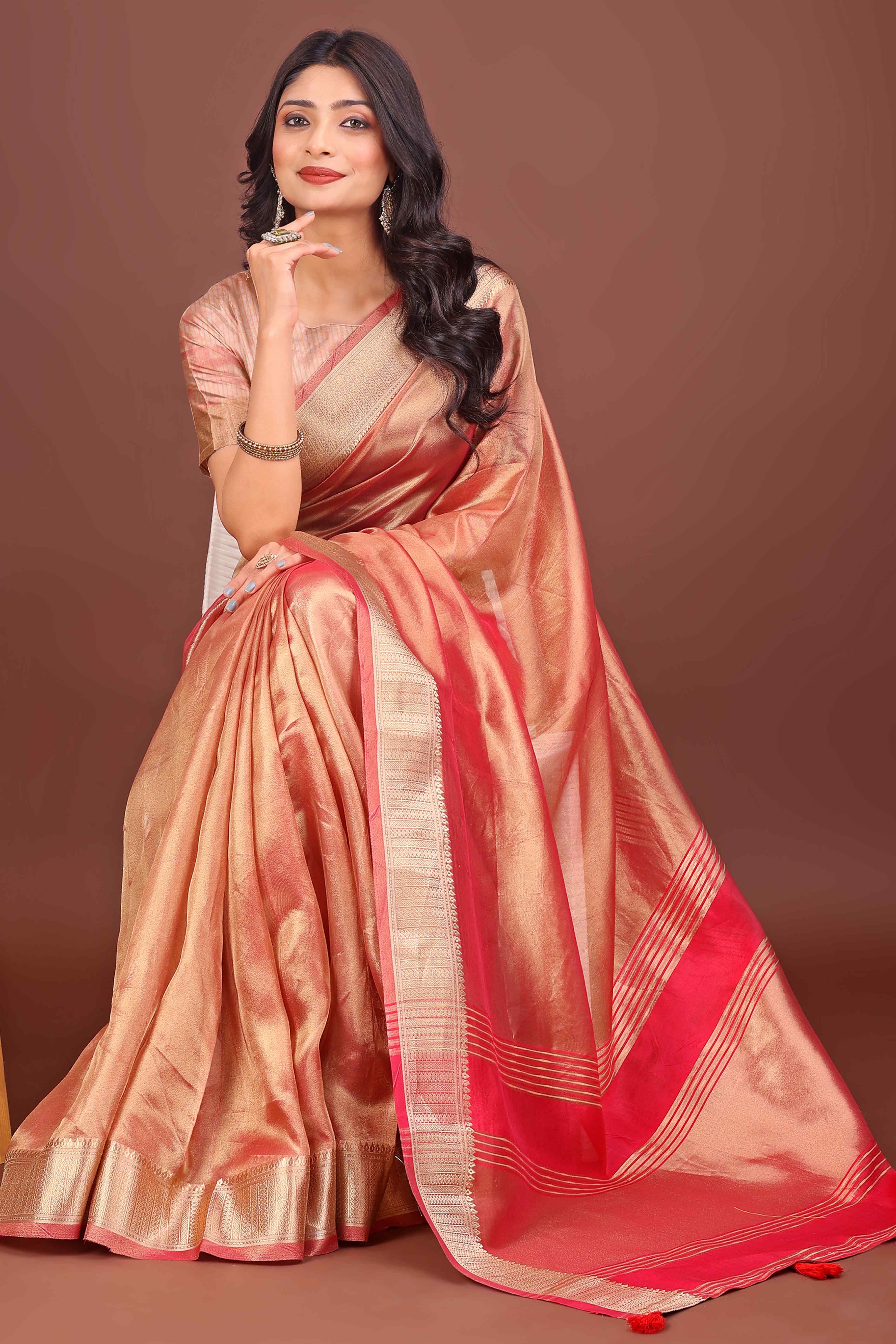 Gajari Pink Organza Solid Saree With Lustrous Zari Weave &  Delicate Tassels