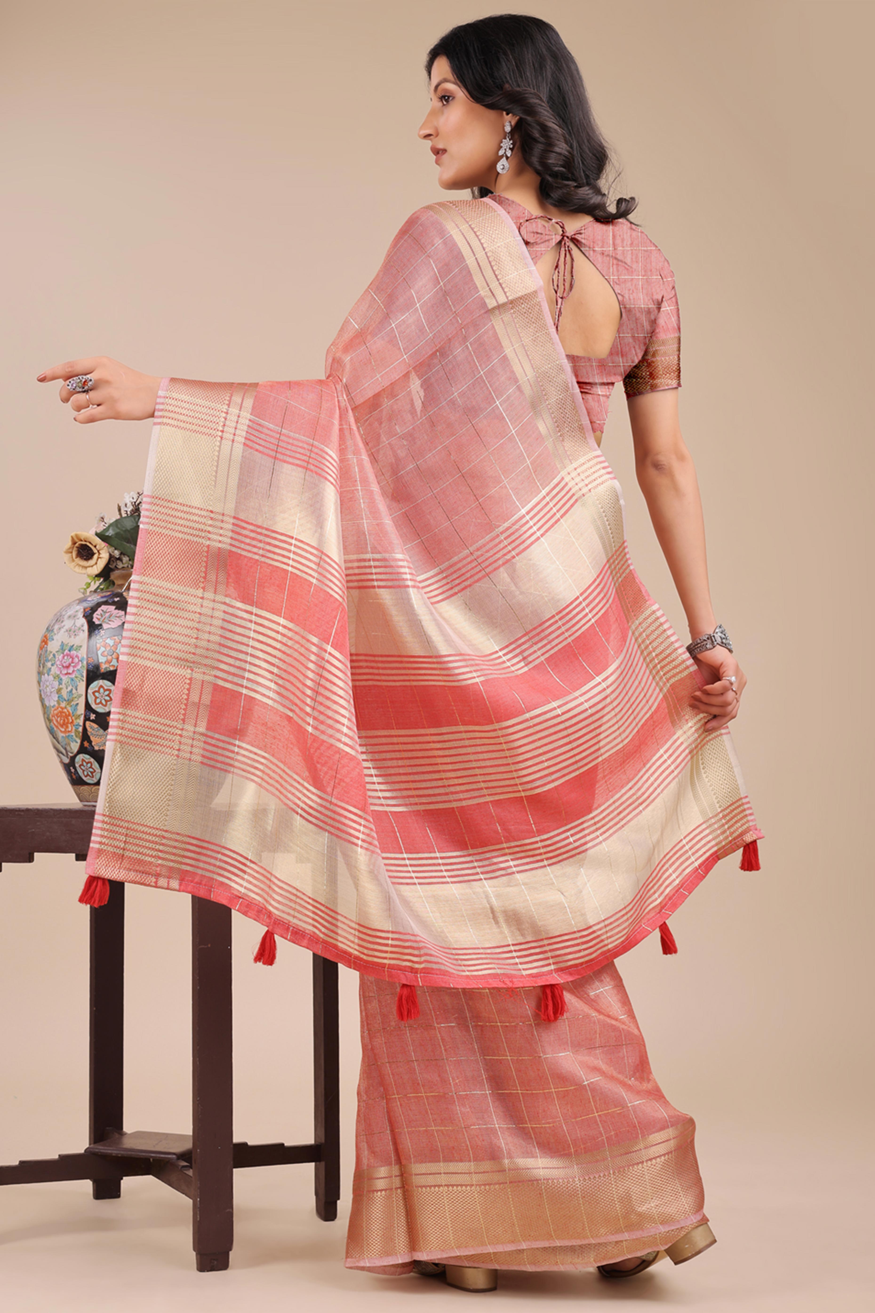 Peach Organza Saree with Checkered Zari Weaving and Tassels