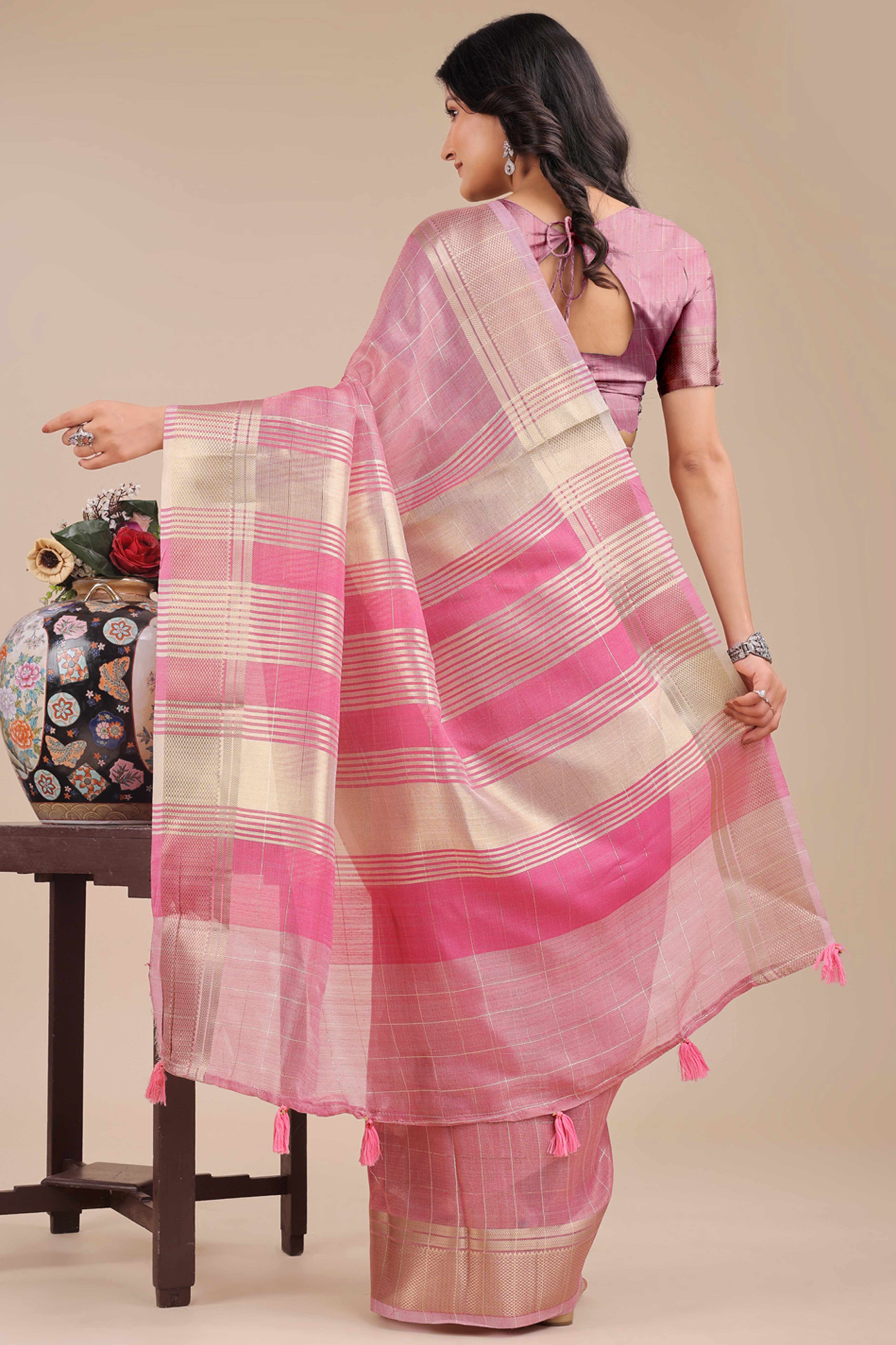 Pink Organza Saree with Checkered Zari Weaving Style and Tassels