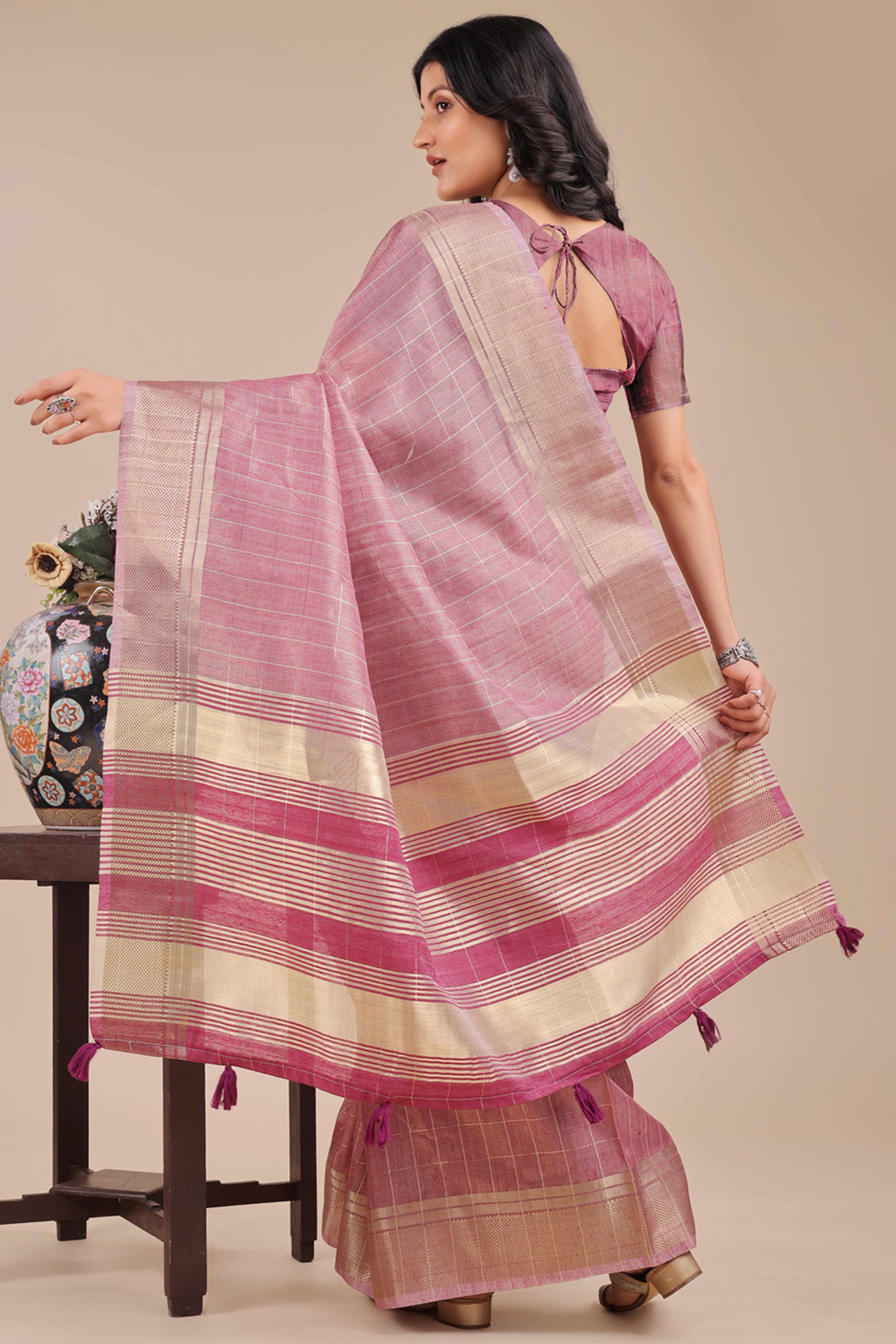 Purple Organza Saree with Checkered Zari Weaving Artistry and Tassels