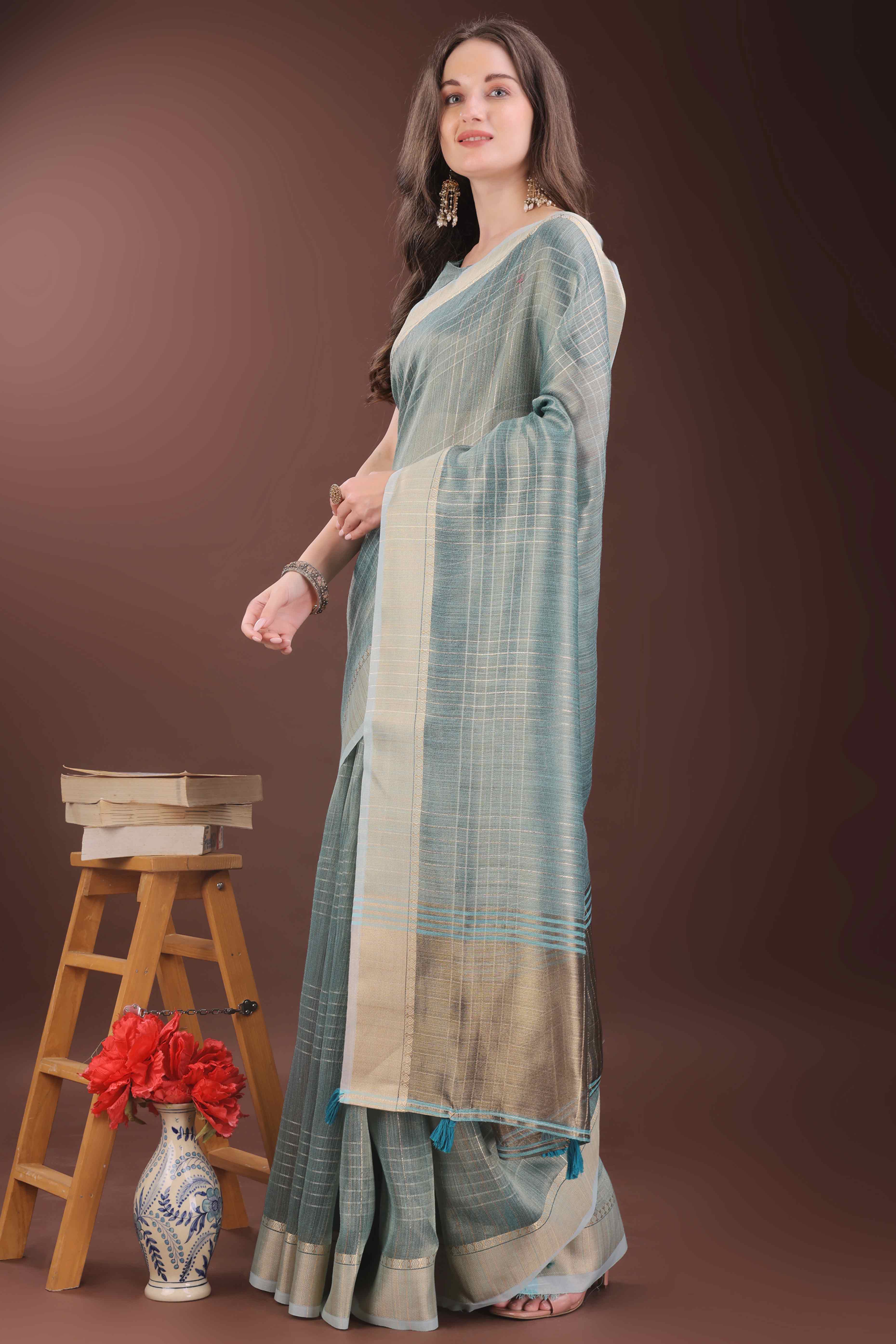 Blue Organza Saree With Zari Weaving Check Patterns & Elegant Tassel Accents