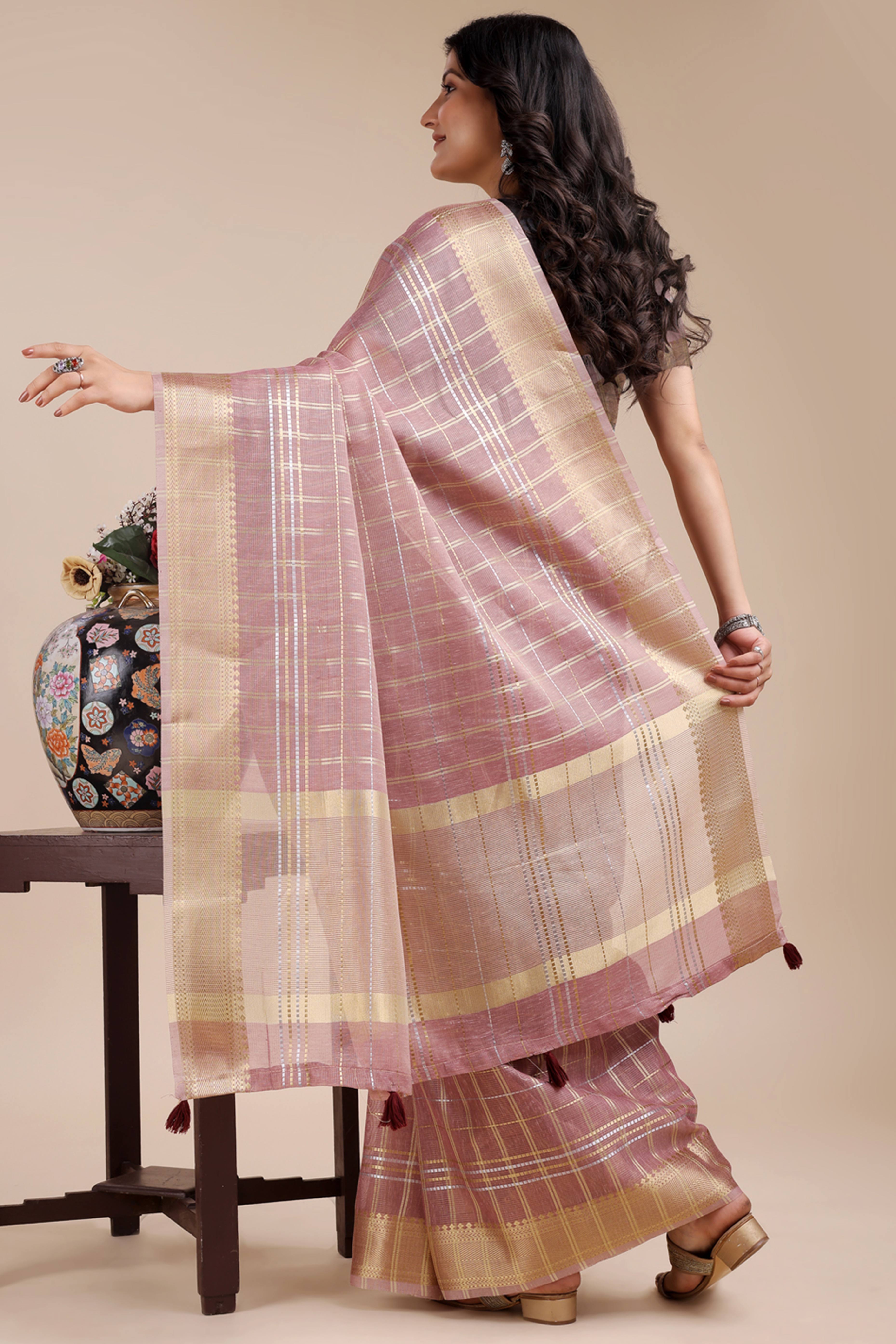 Dusty Mauve Organza Saree with Checkered Zari Weaving and Tassel Accents