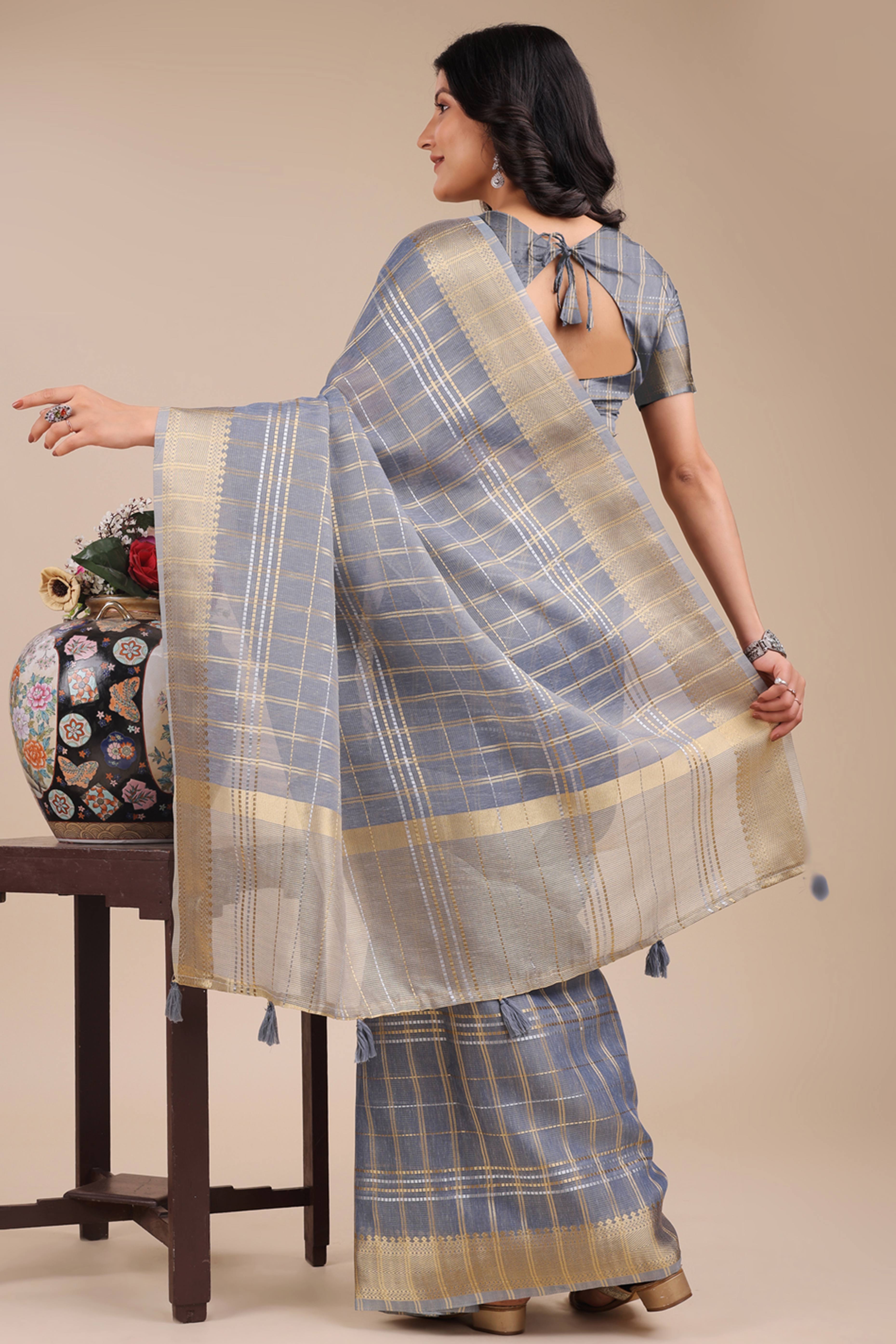 Sky Blue Organza Saree with Checkered Zari Weaving and Tassel Charm