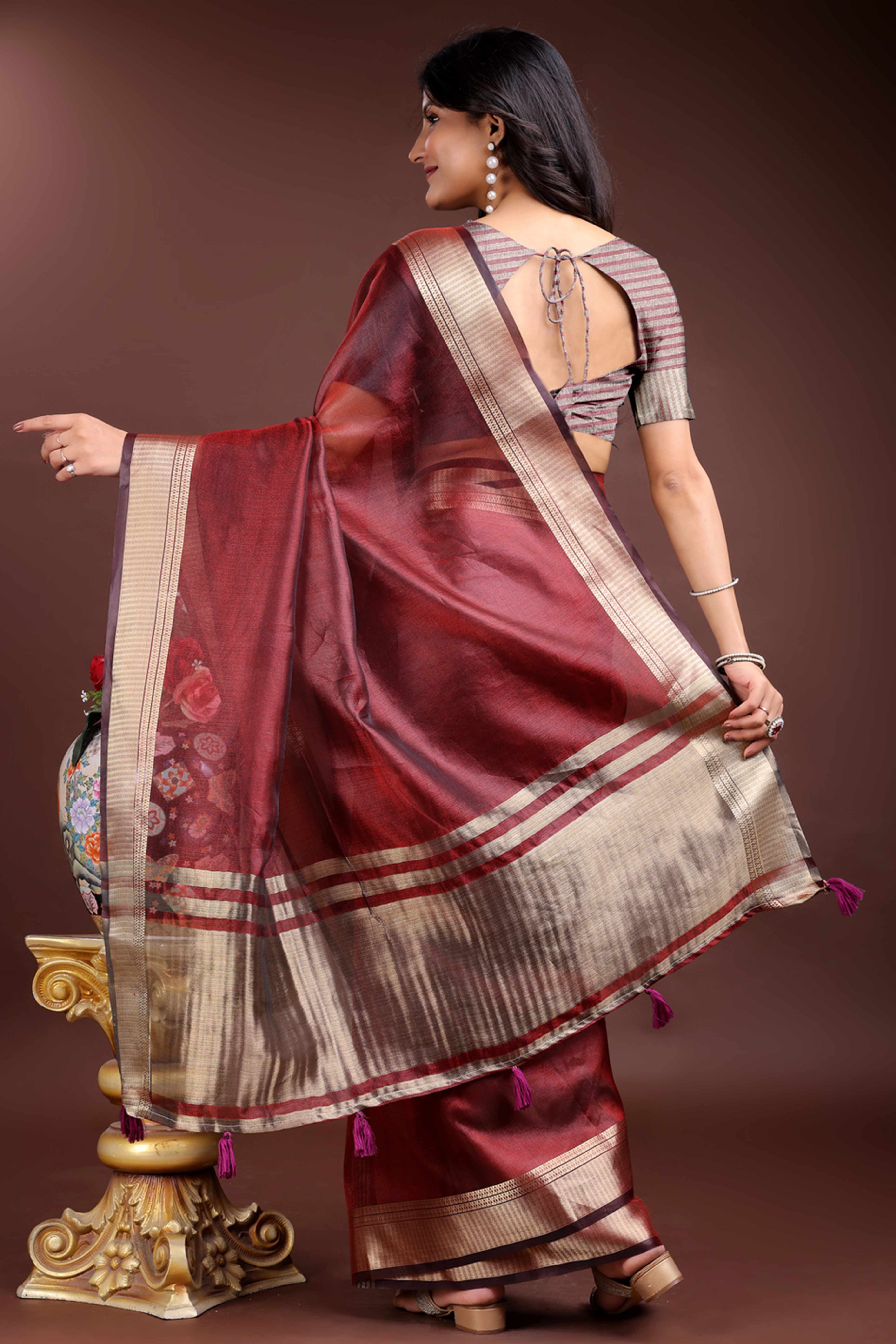 Red Organza Saree with Zari Border Weaving Elegance