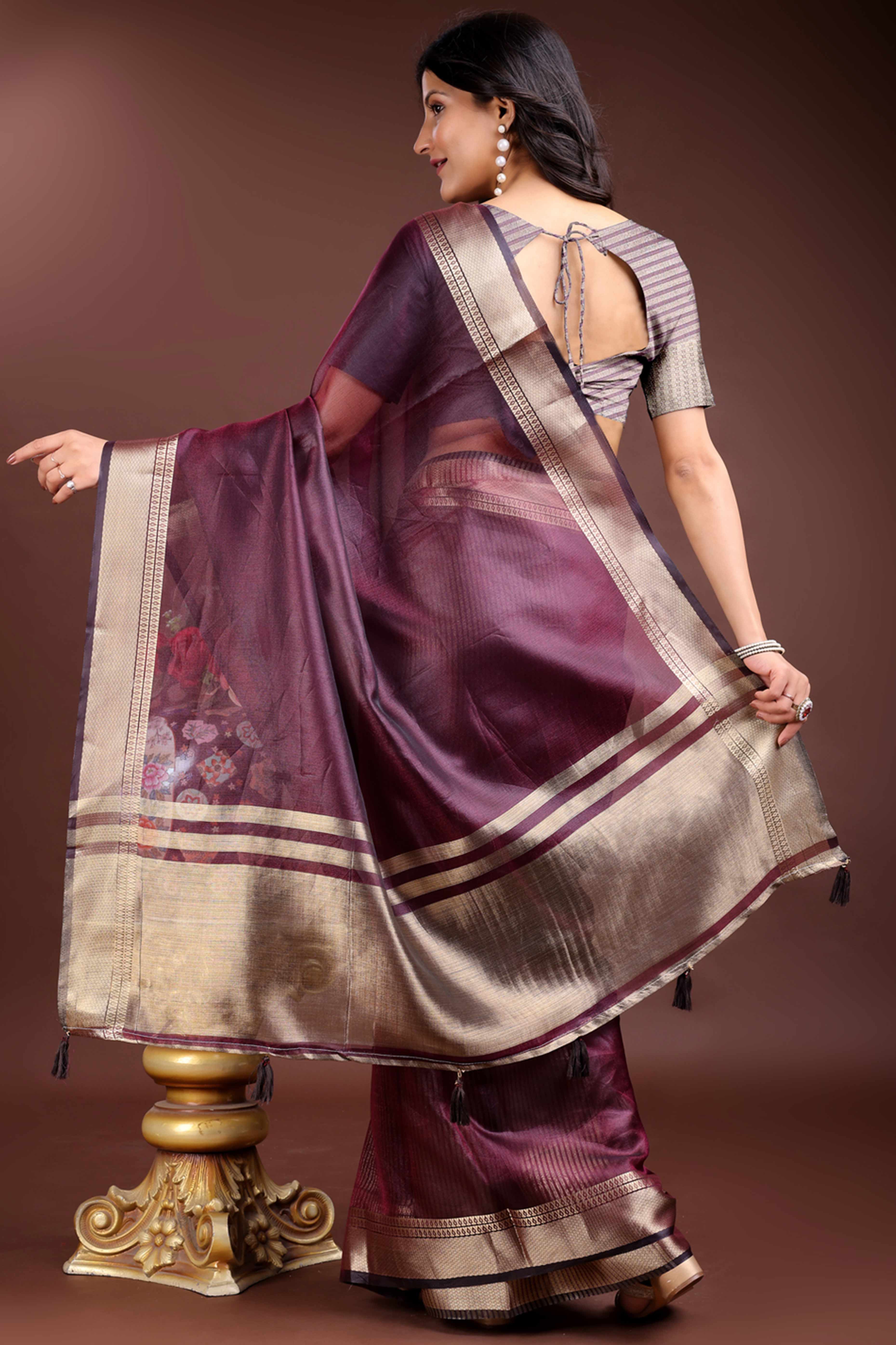 Purple Organza Saree with Zari Border Weaving Refinement