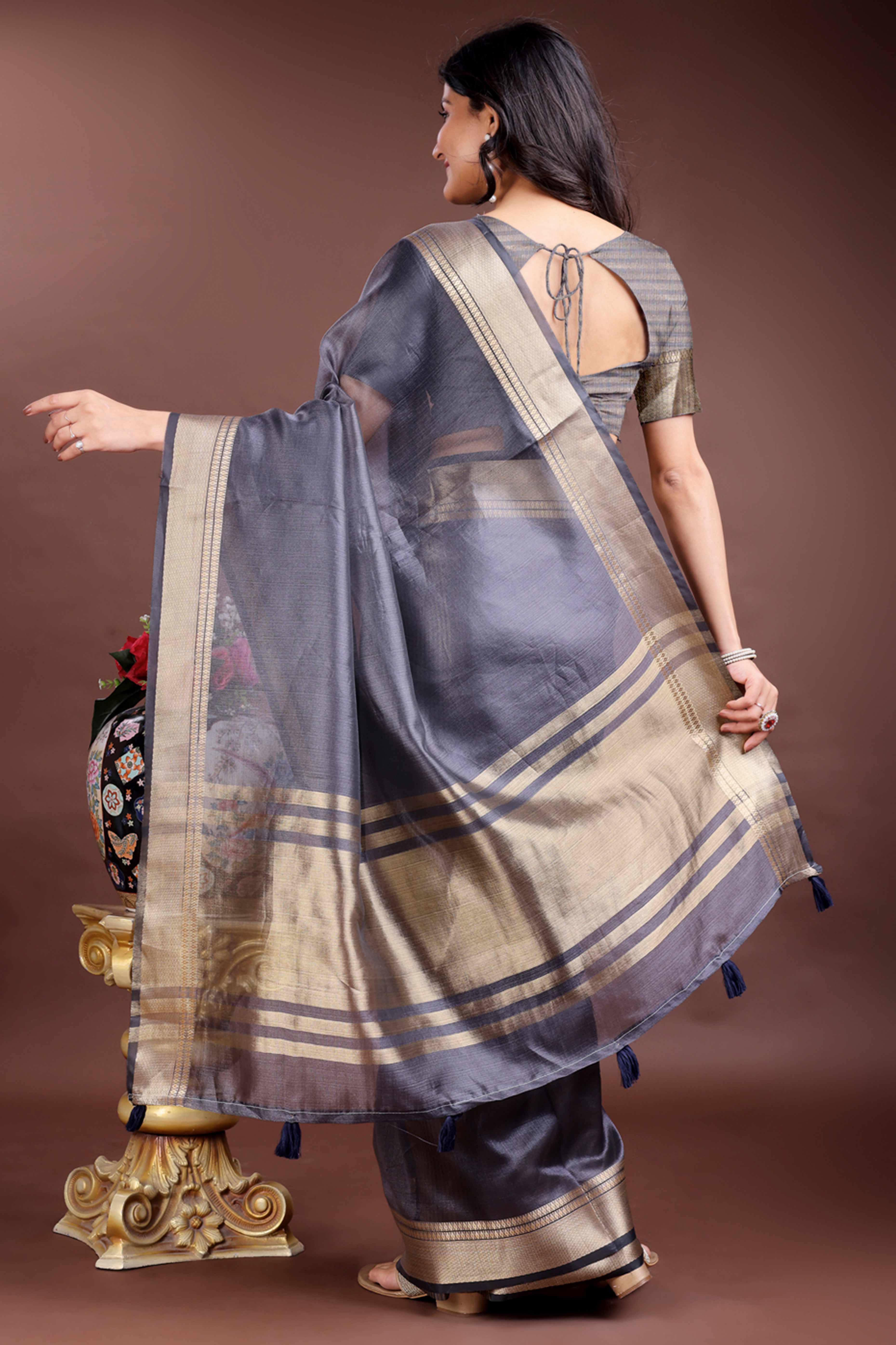 Grey Organza Saree with Zari Border Weaving Artistry