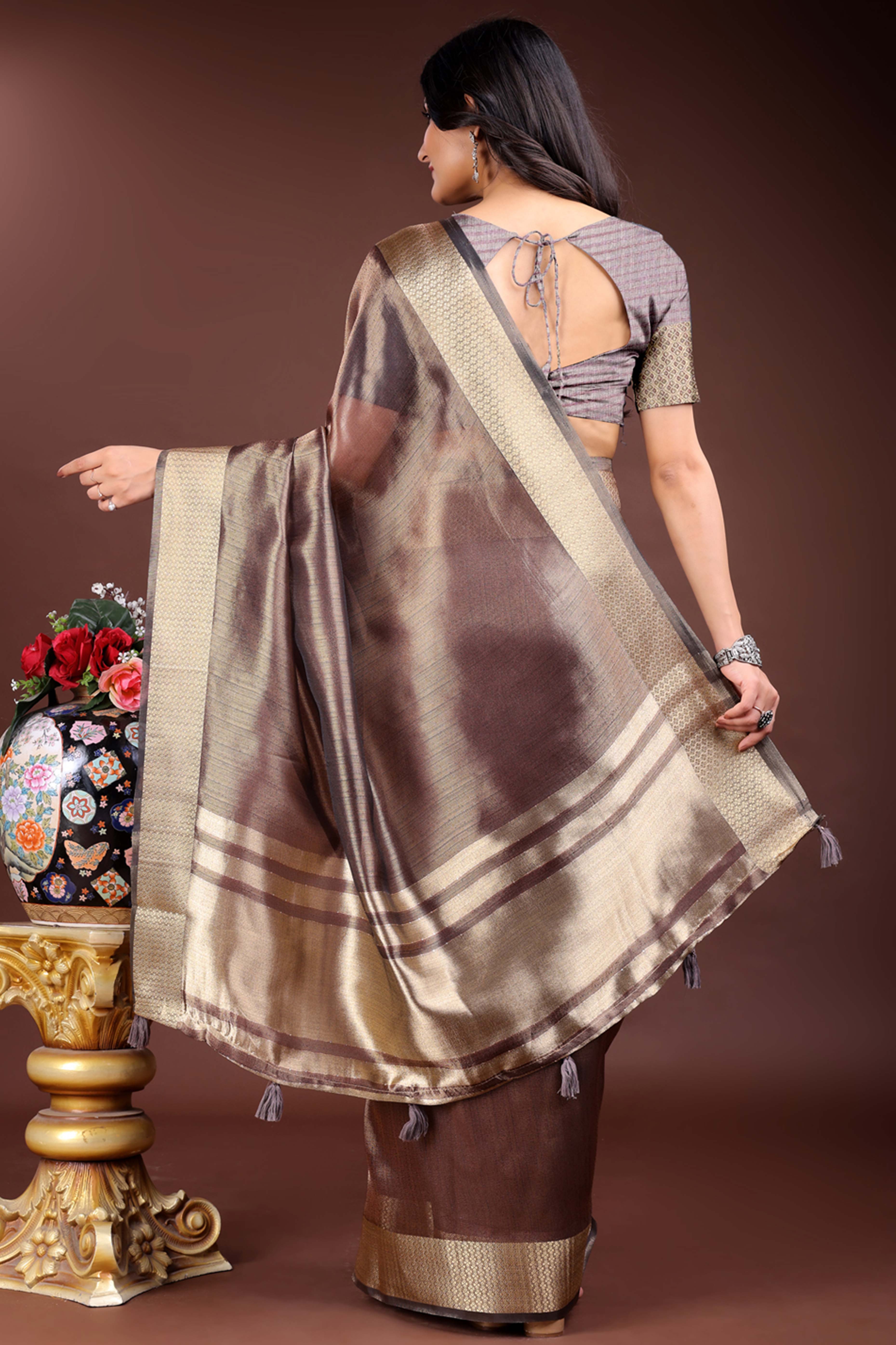 Brown Organza Saree with Zari Border Weaving Pattern