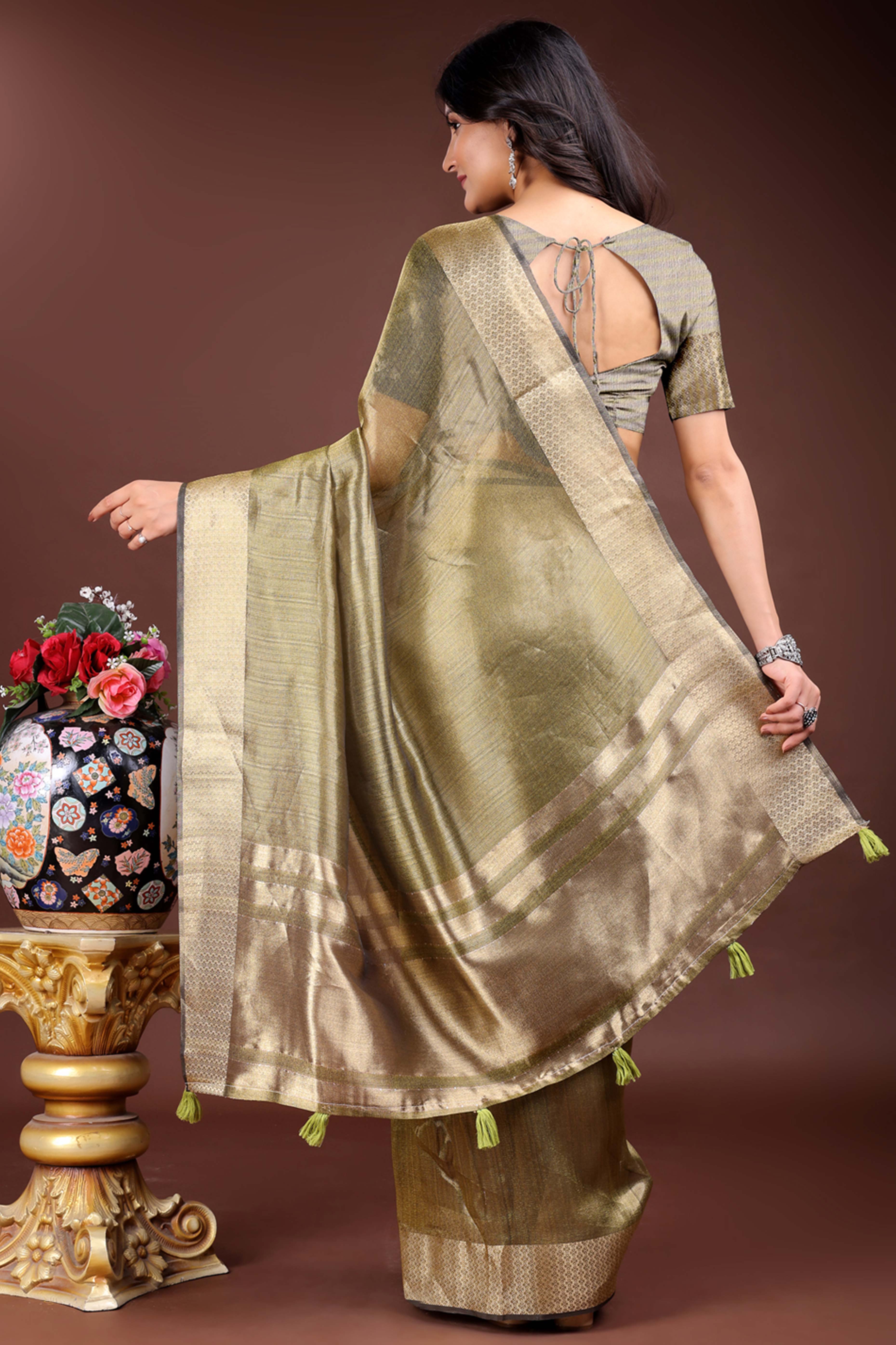 Mehendi Green Organza Saree with Zari Border Weaving Accent