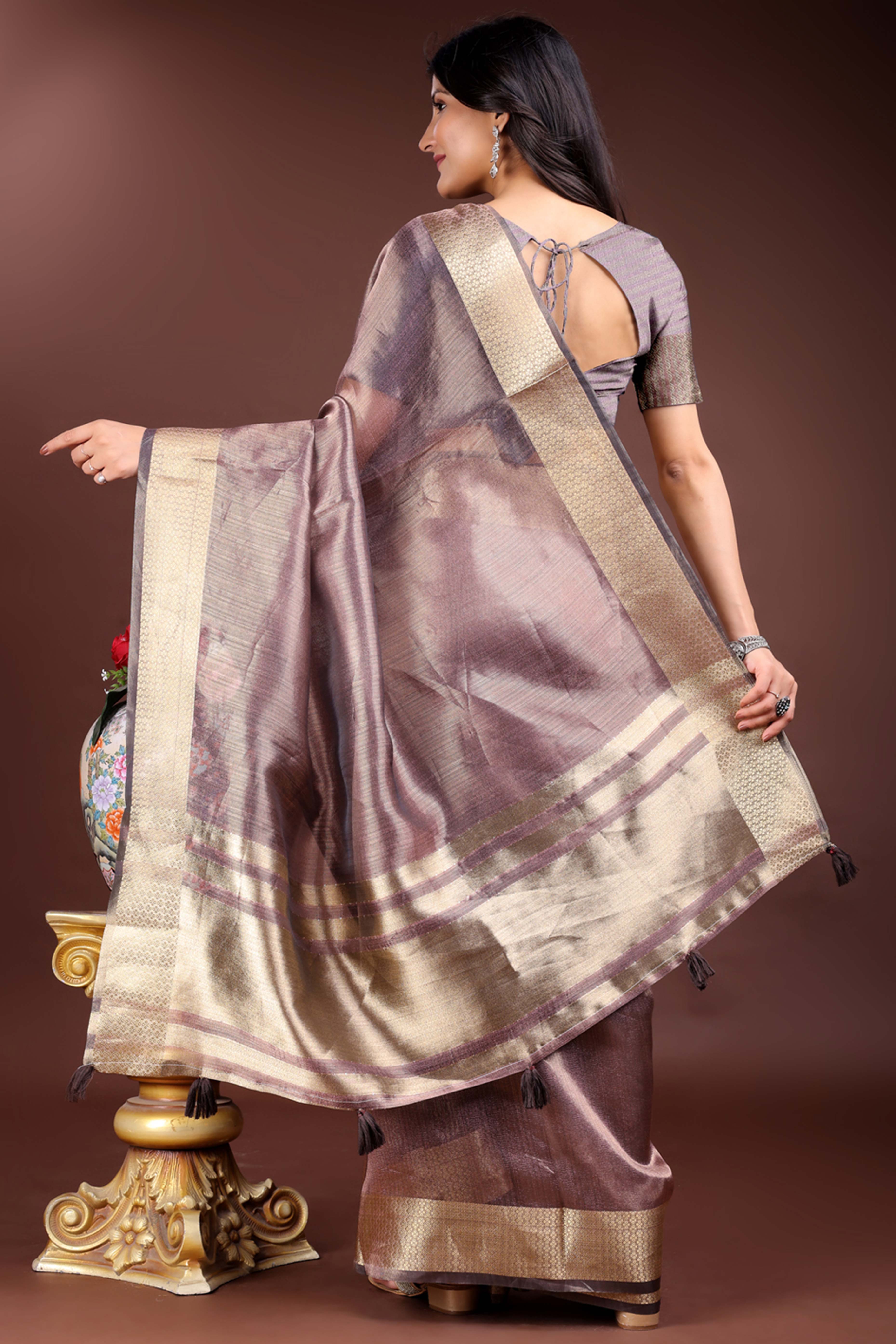 Purple Organza Saree with Zari Border Weaving Edge