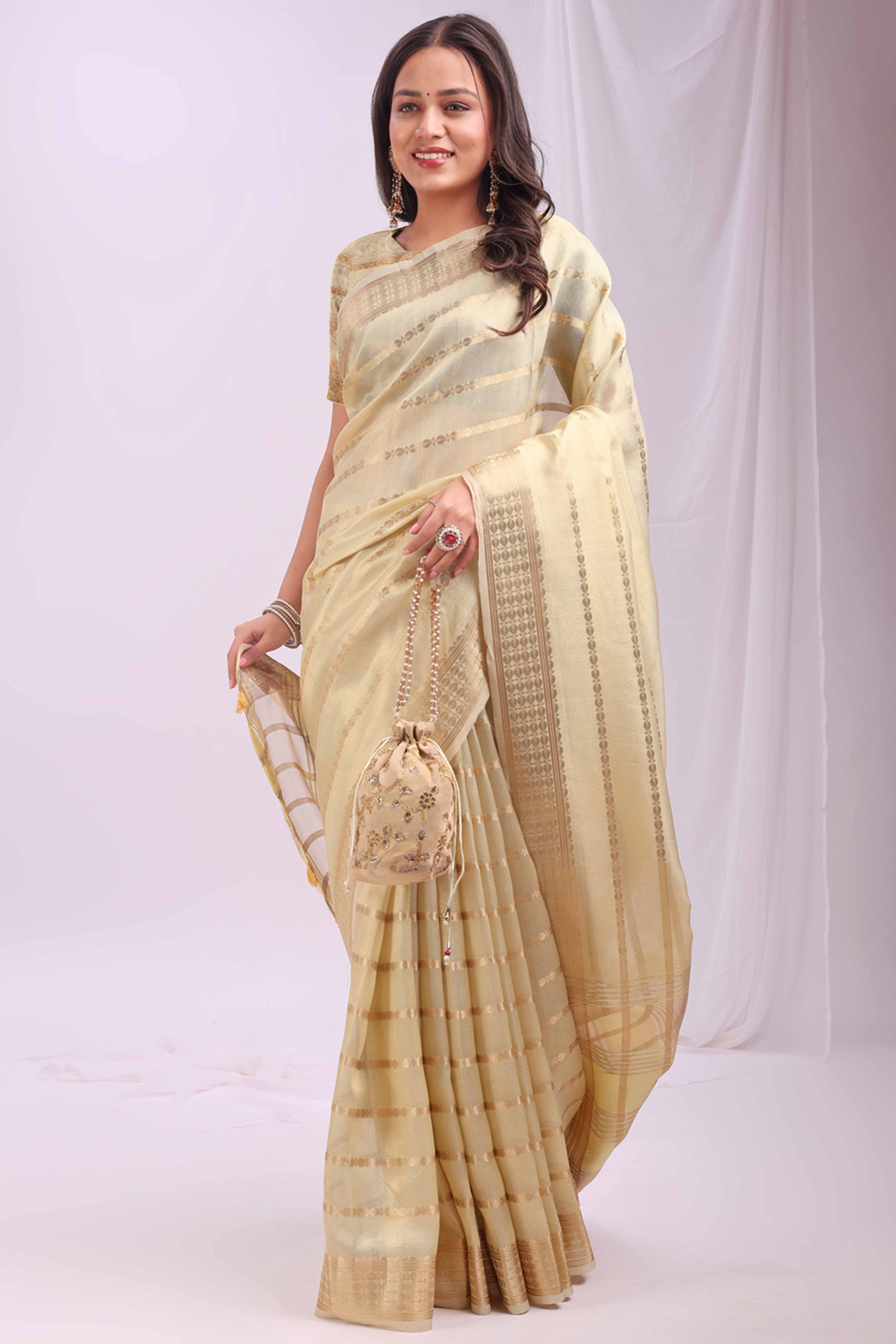Gold Lightweight Organza Saree with Rich Zari Stripes Pattern