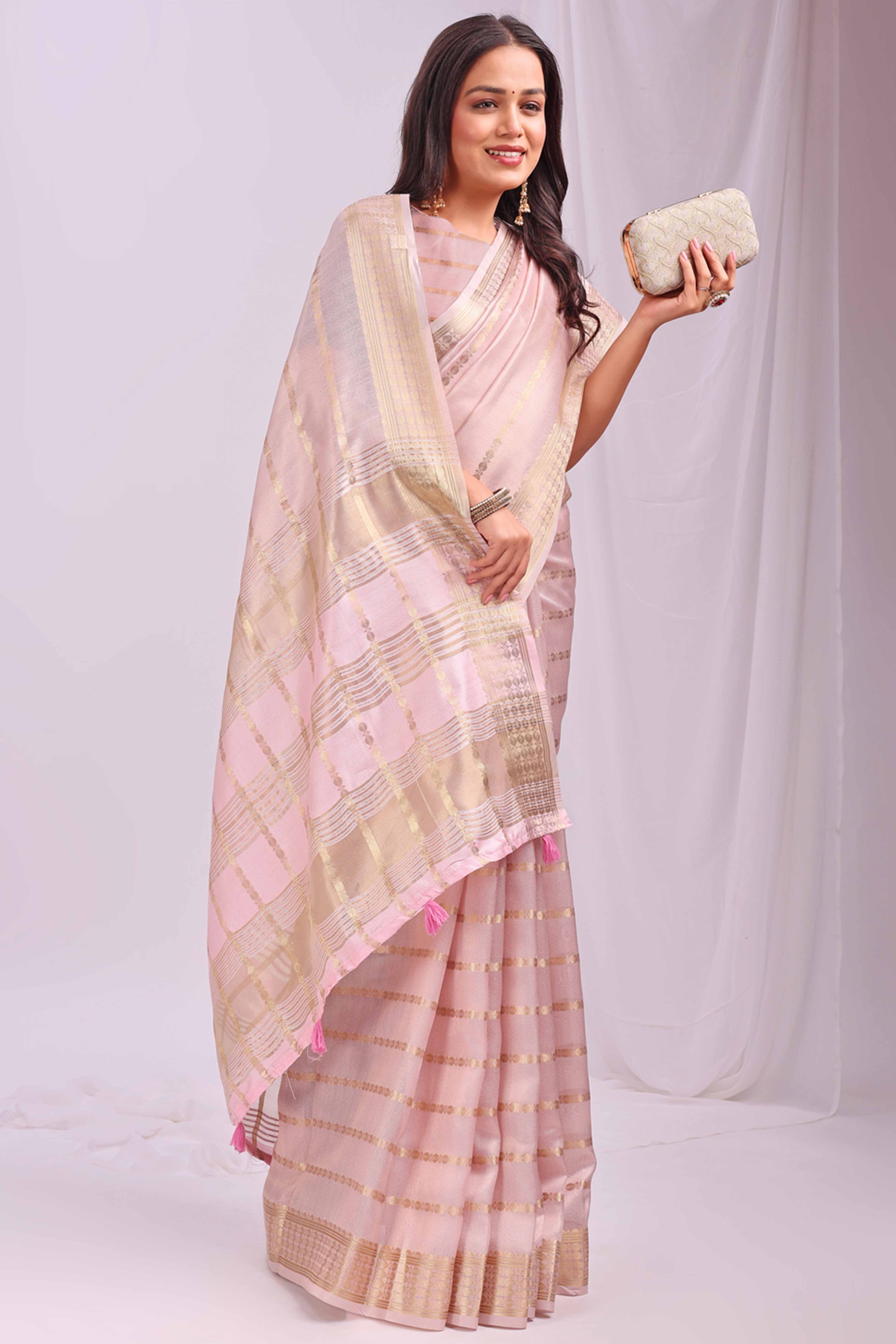 Peach Lightweight Organza Saree with Rich Zari Stripes Pattern