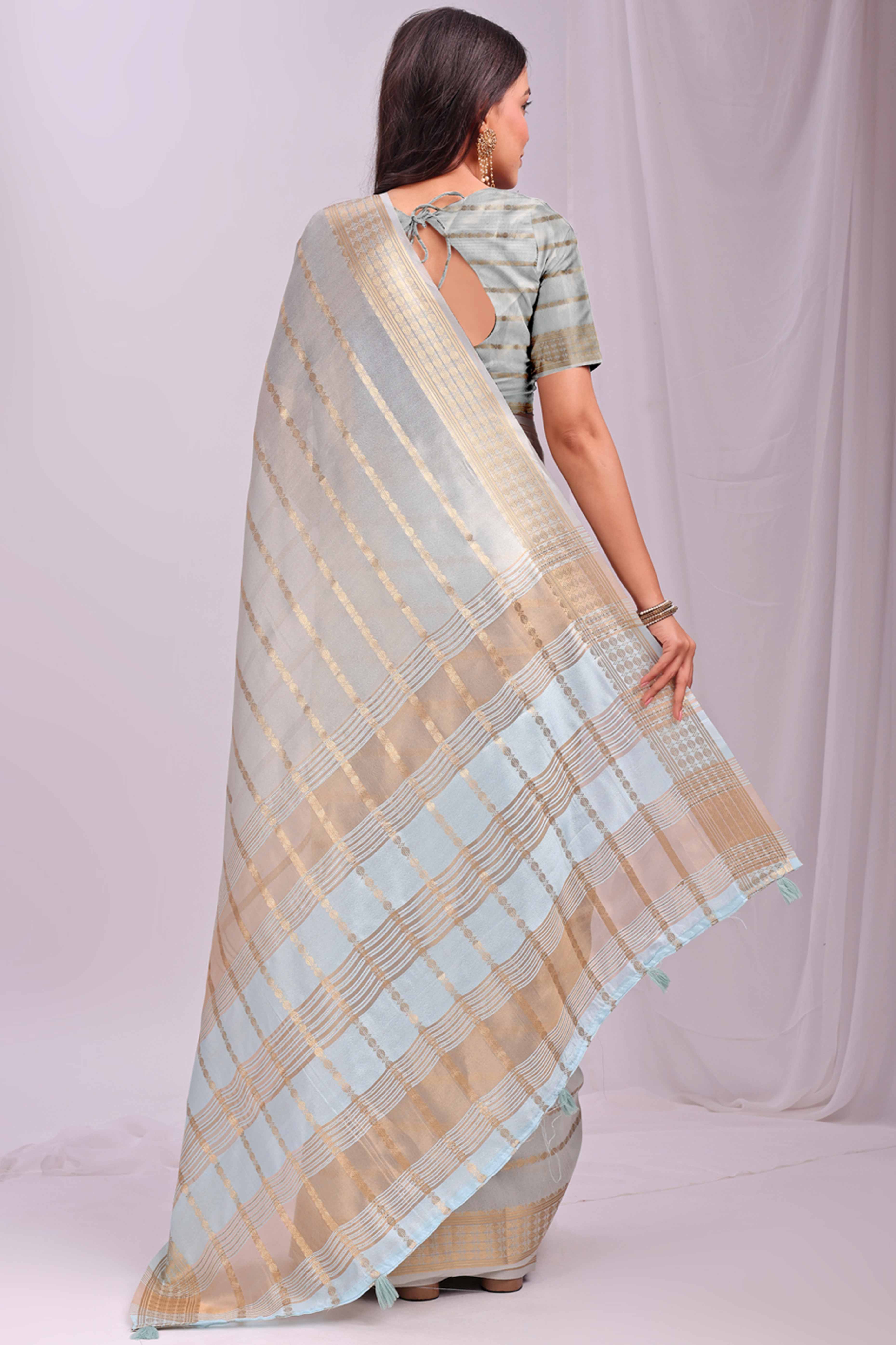 Sky Blue Lightweight Organza Saree with Rich Zari Stripes Pattern