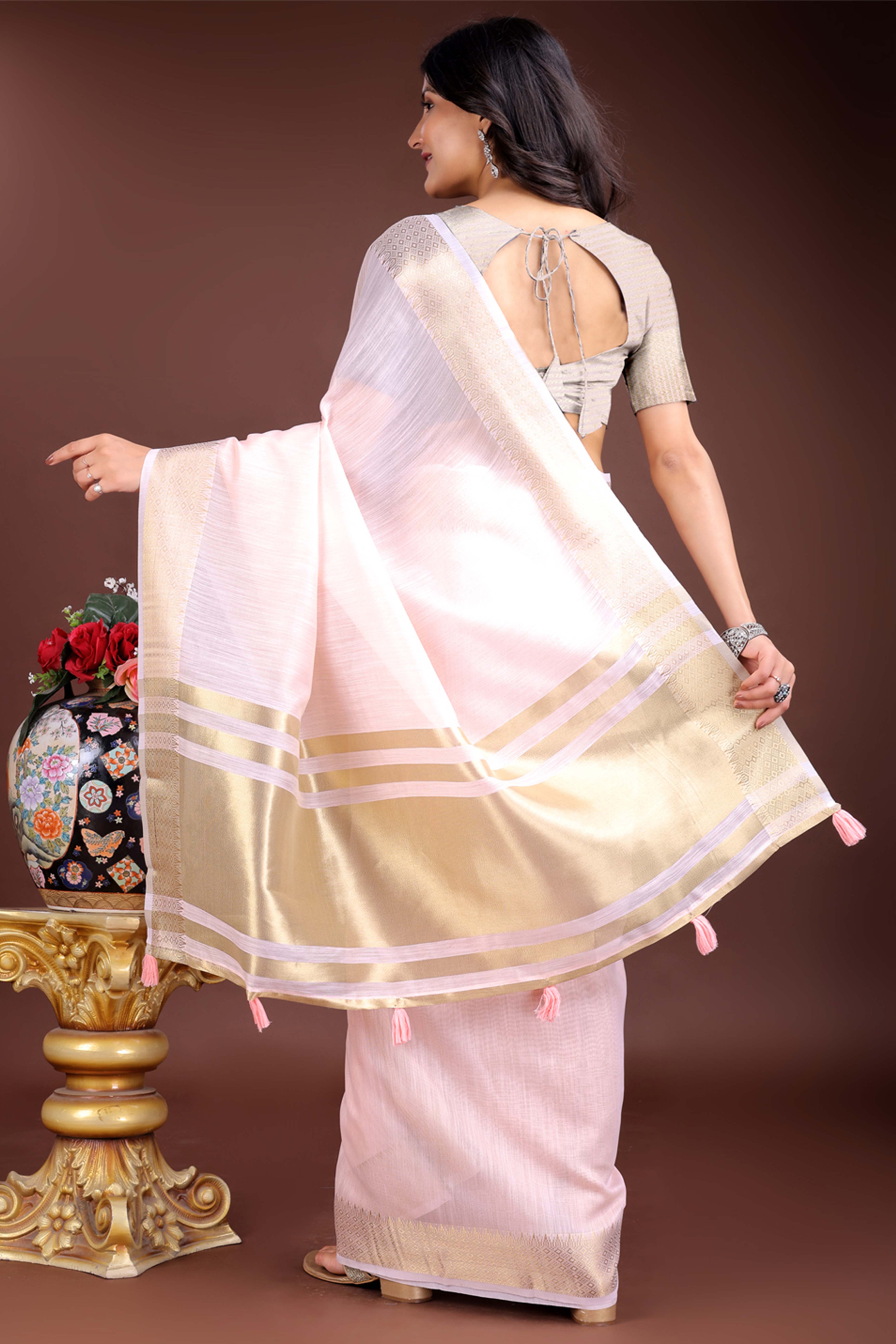 Light Pink Cotton Silk Saree with Zari Border Weaving