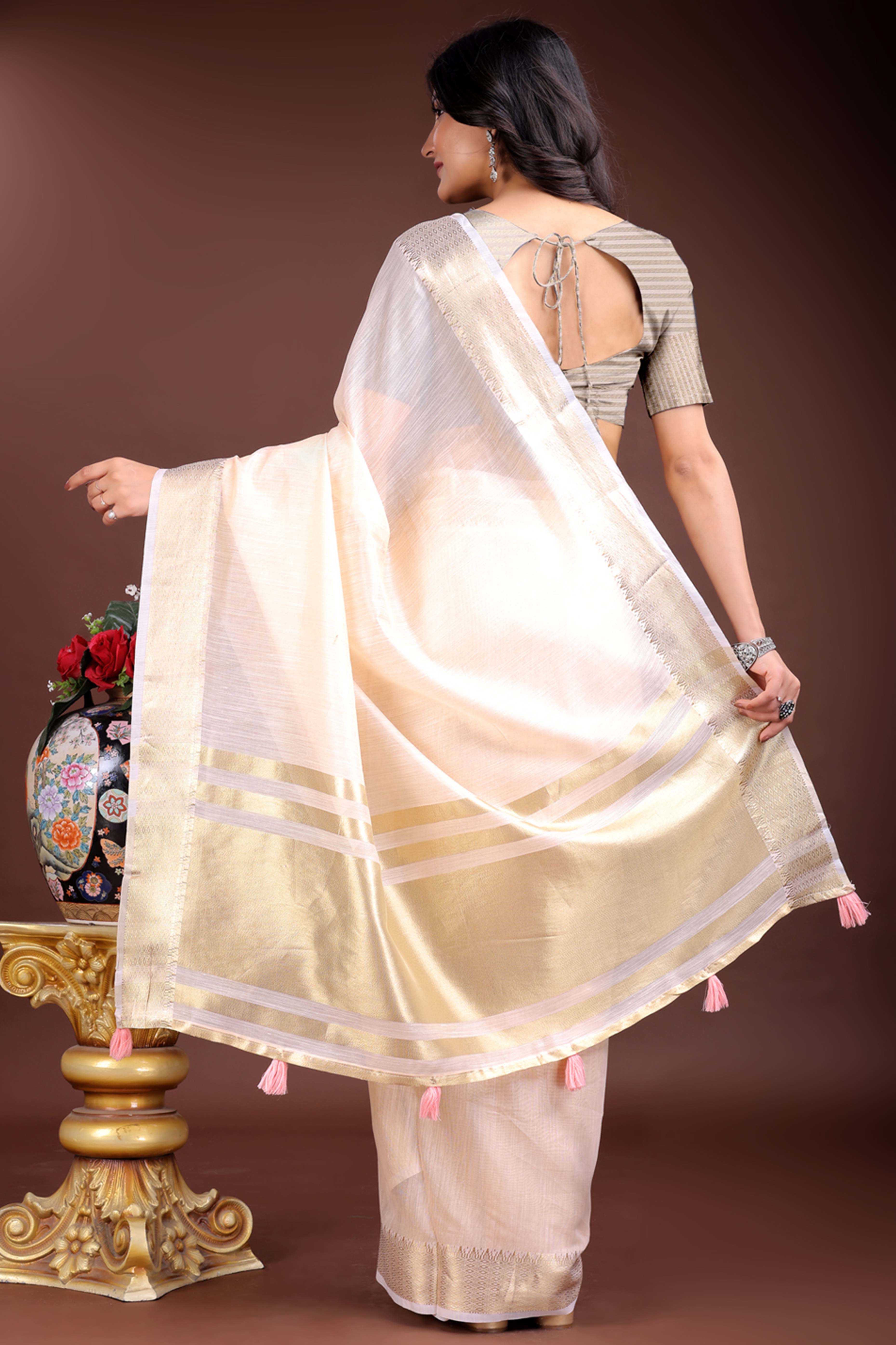 Peach Cotton Silk Saree with Zari Border Weaving