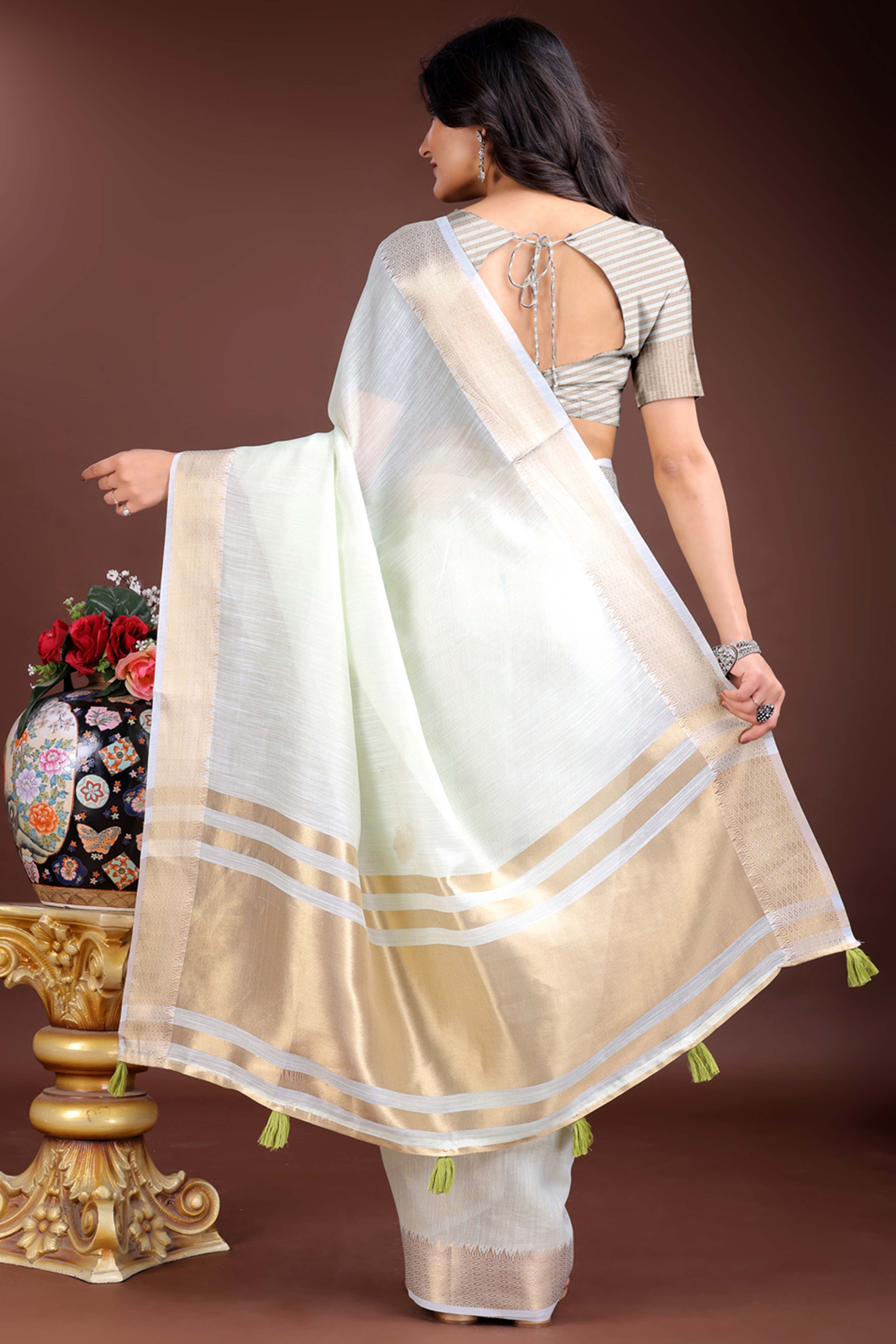 Light Green Cotton Silk Saree with Zari Border Weaving