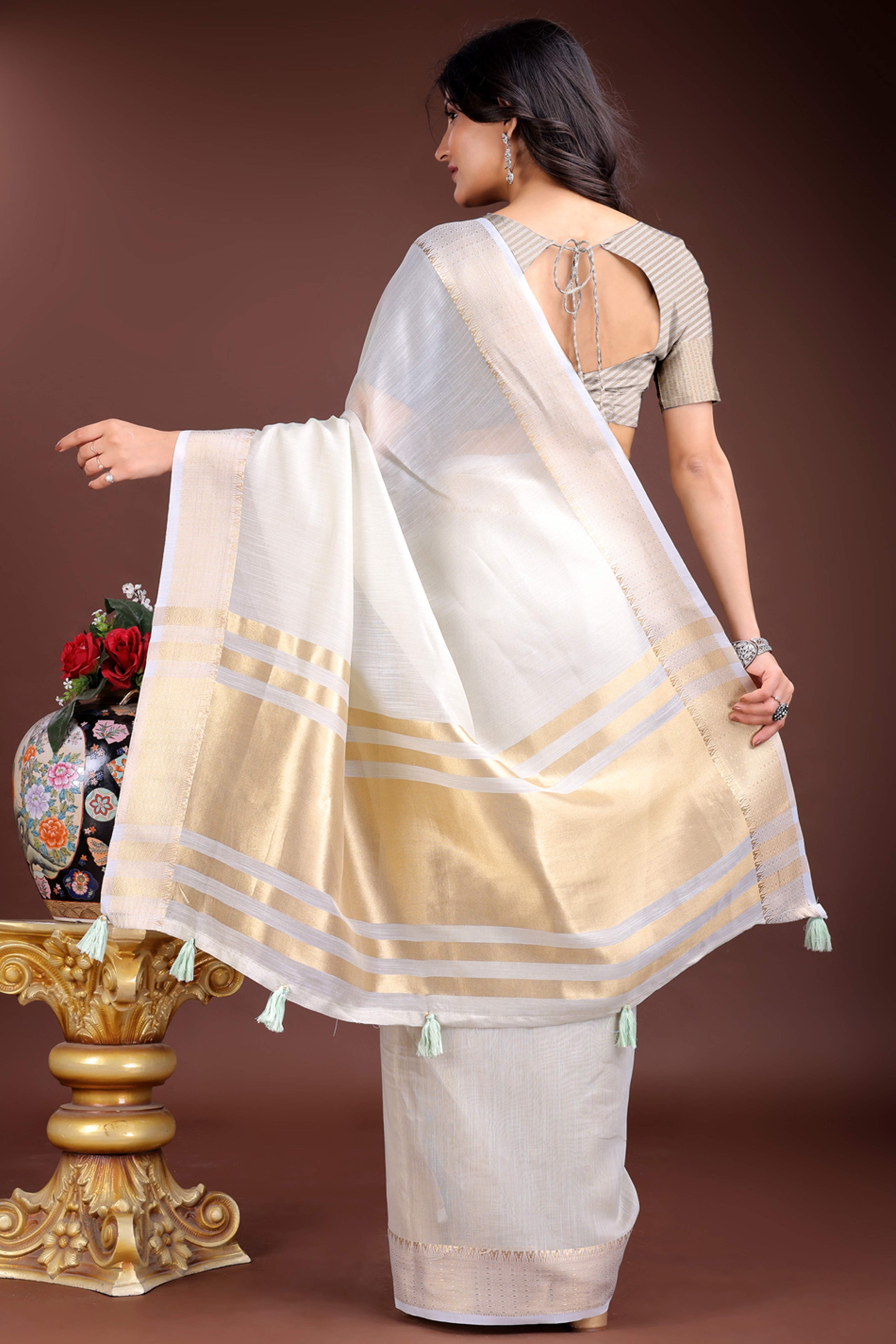 Grey Cotton Silk Saree with Zari Border Weaving