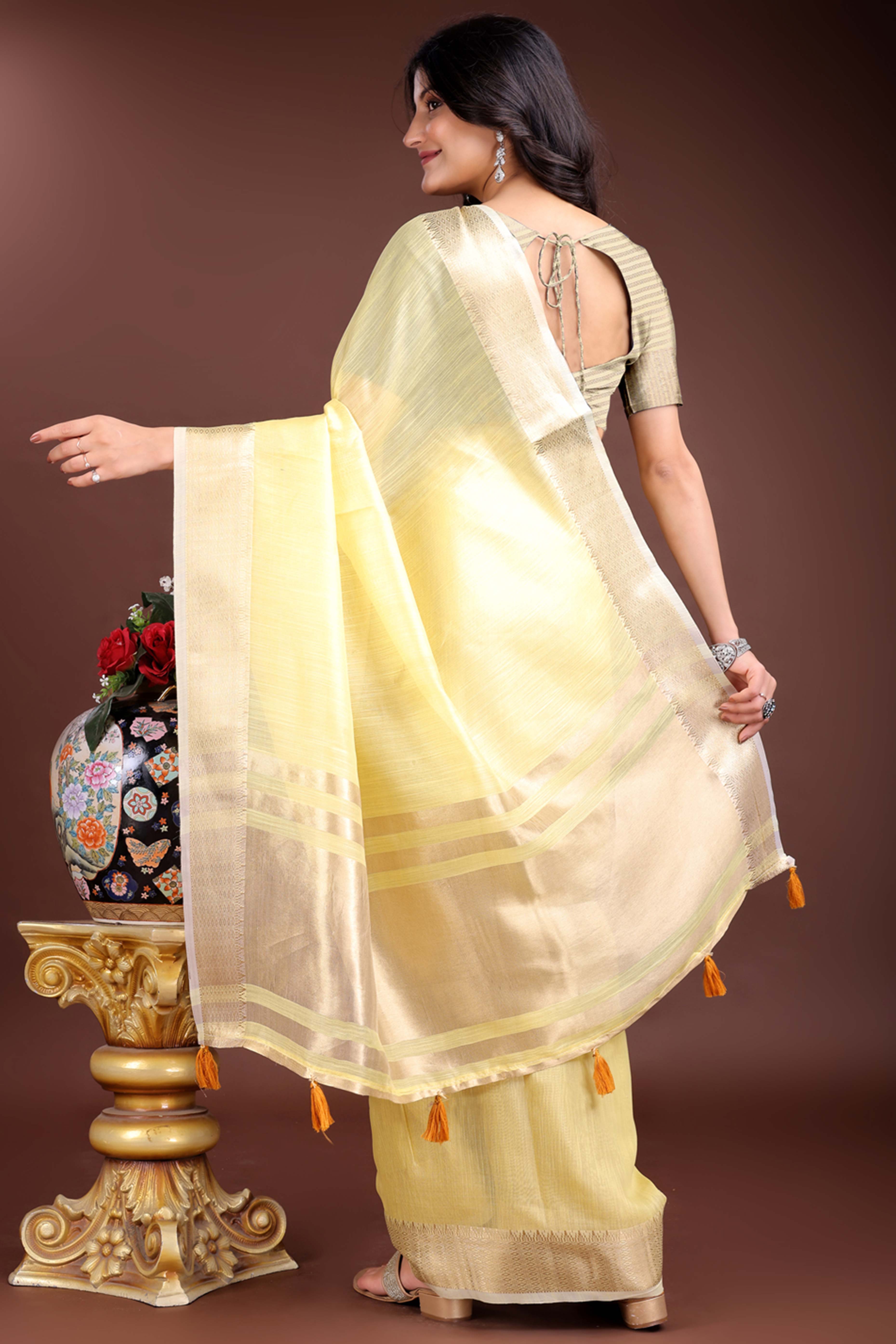 Yellow Cotton Silk Saree with Zari Border Weaving