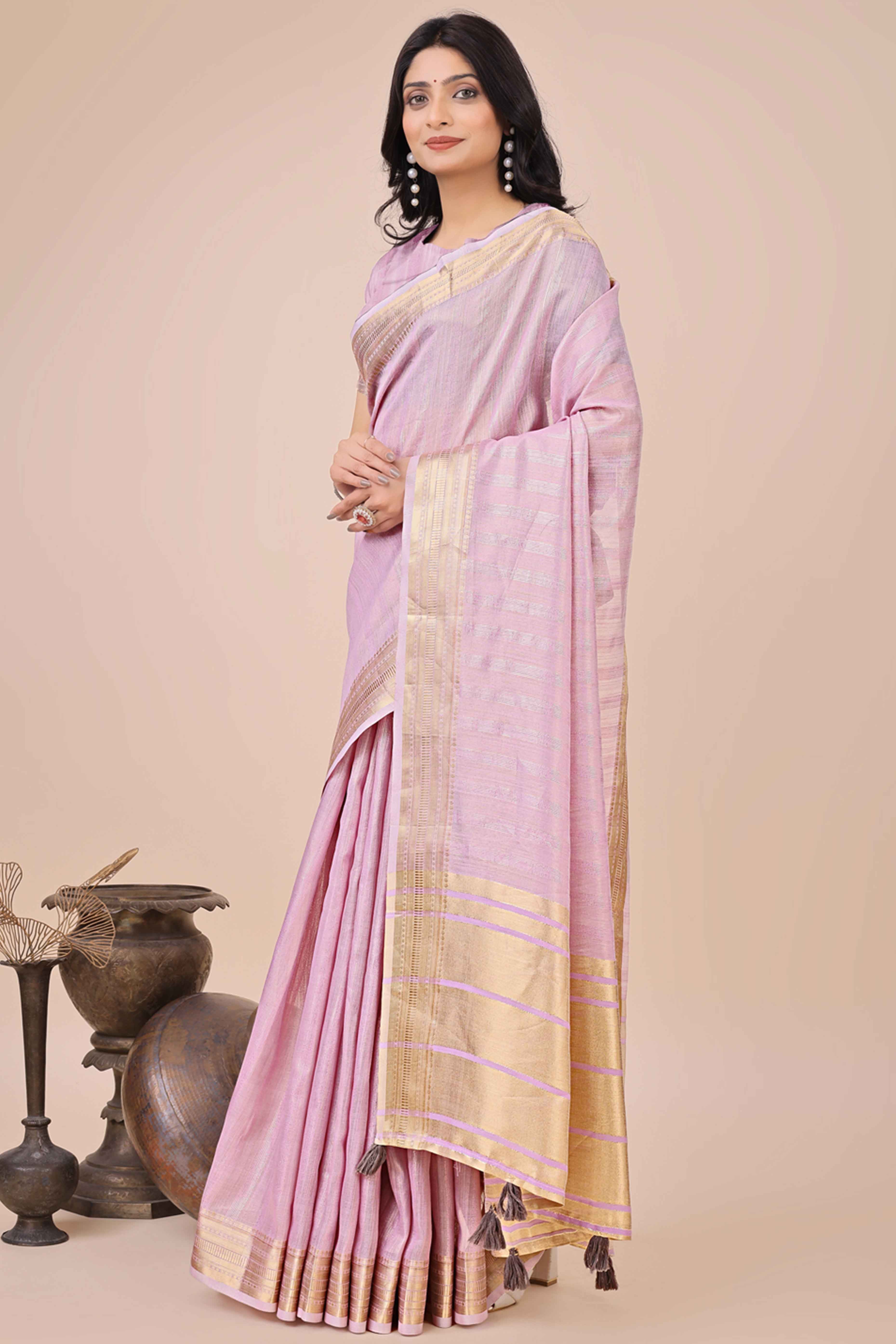 Onion Pink Organza Saree With Intricate Weave & Elegant Tassel Accents
