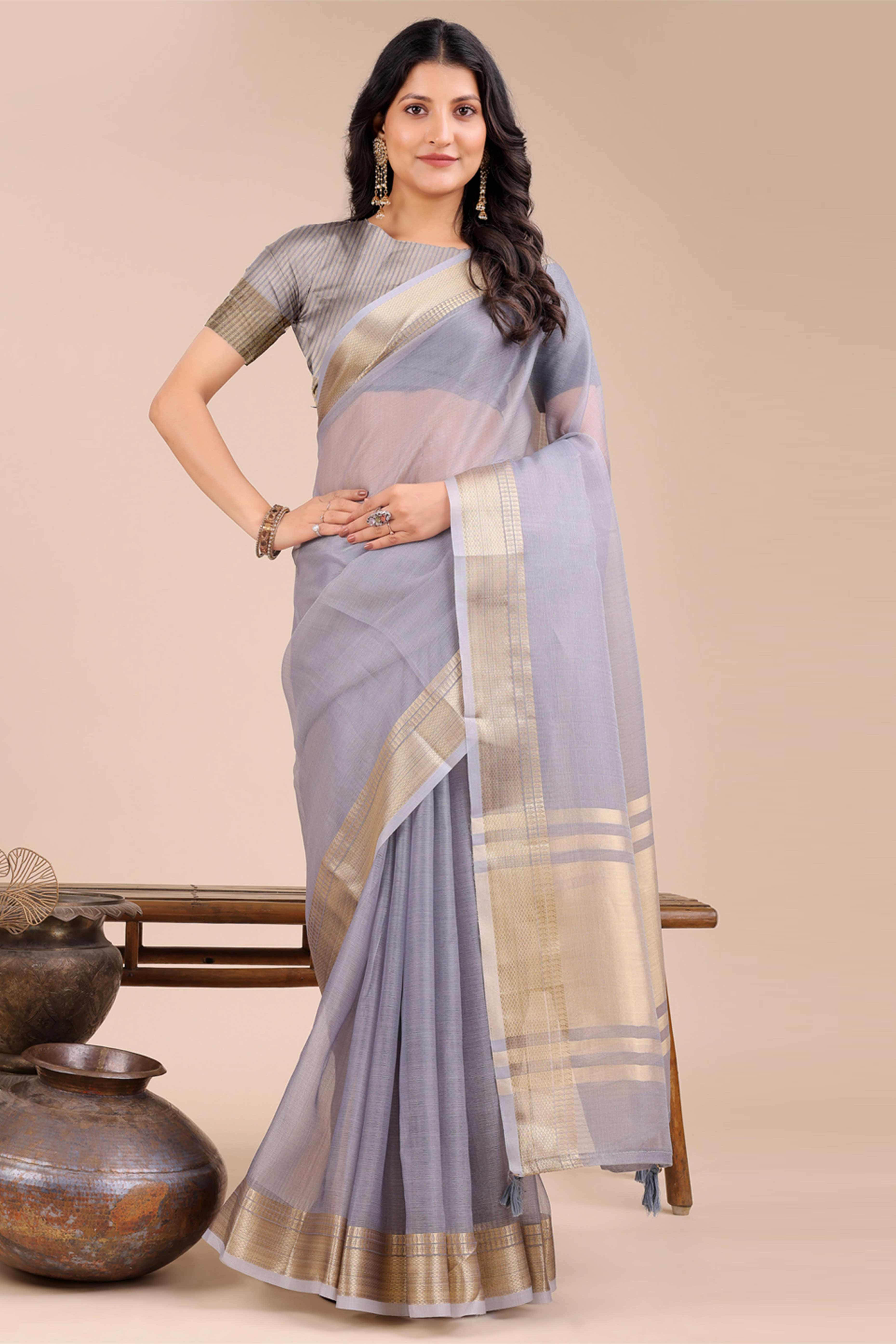 Soft Grey Organza Saree with Detailed Zari Woven Edging