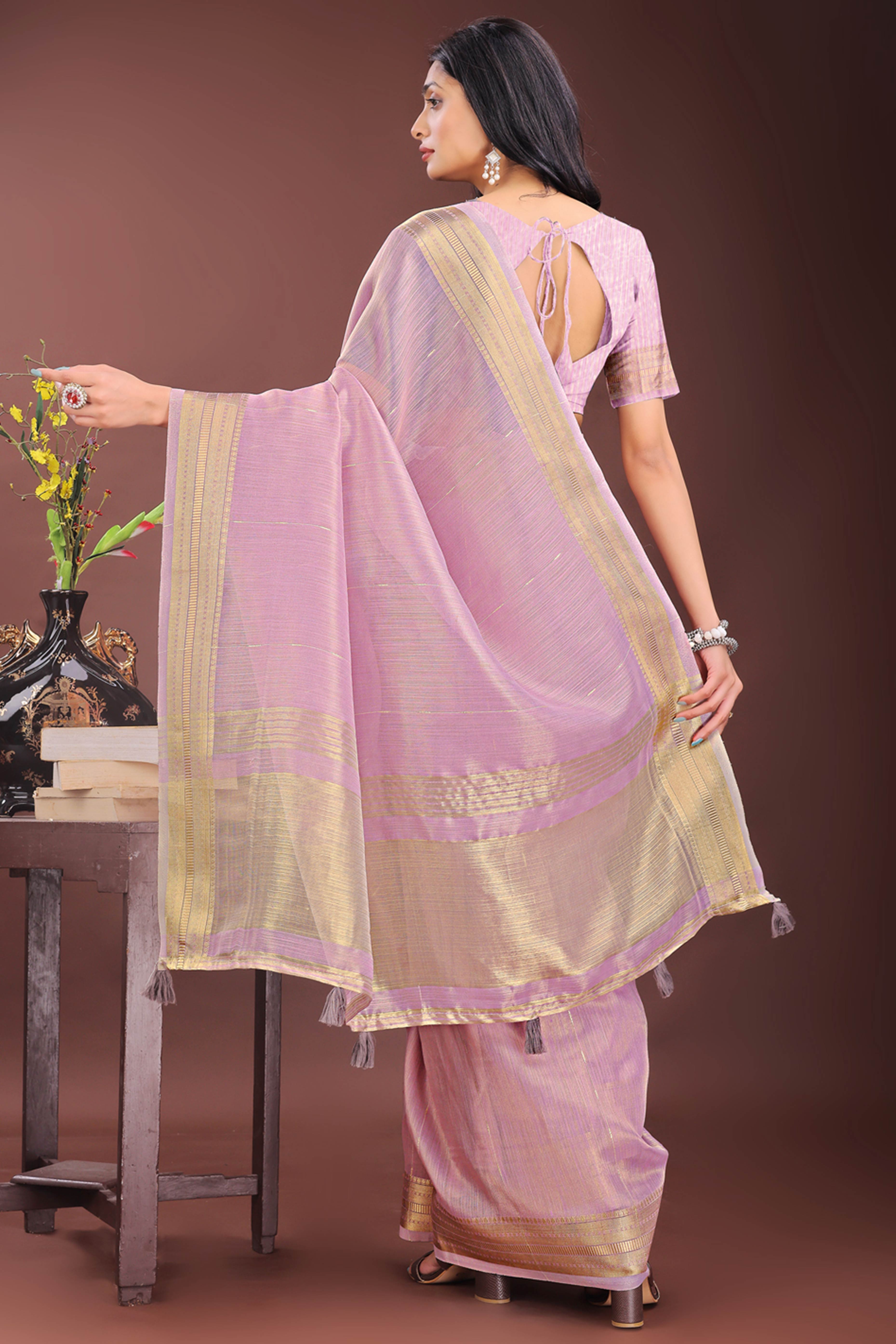 Onion Pink Organza Saree Adorned With Zari Weave & Tassel Edges