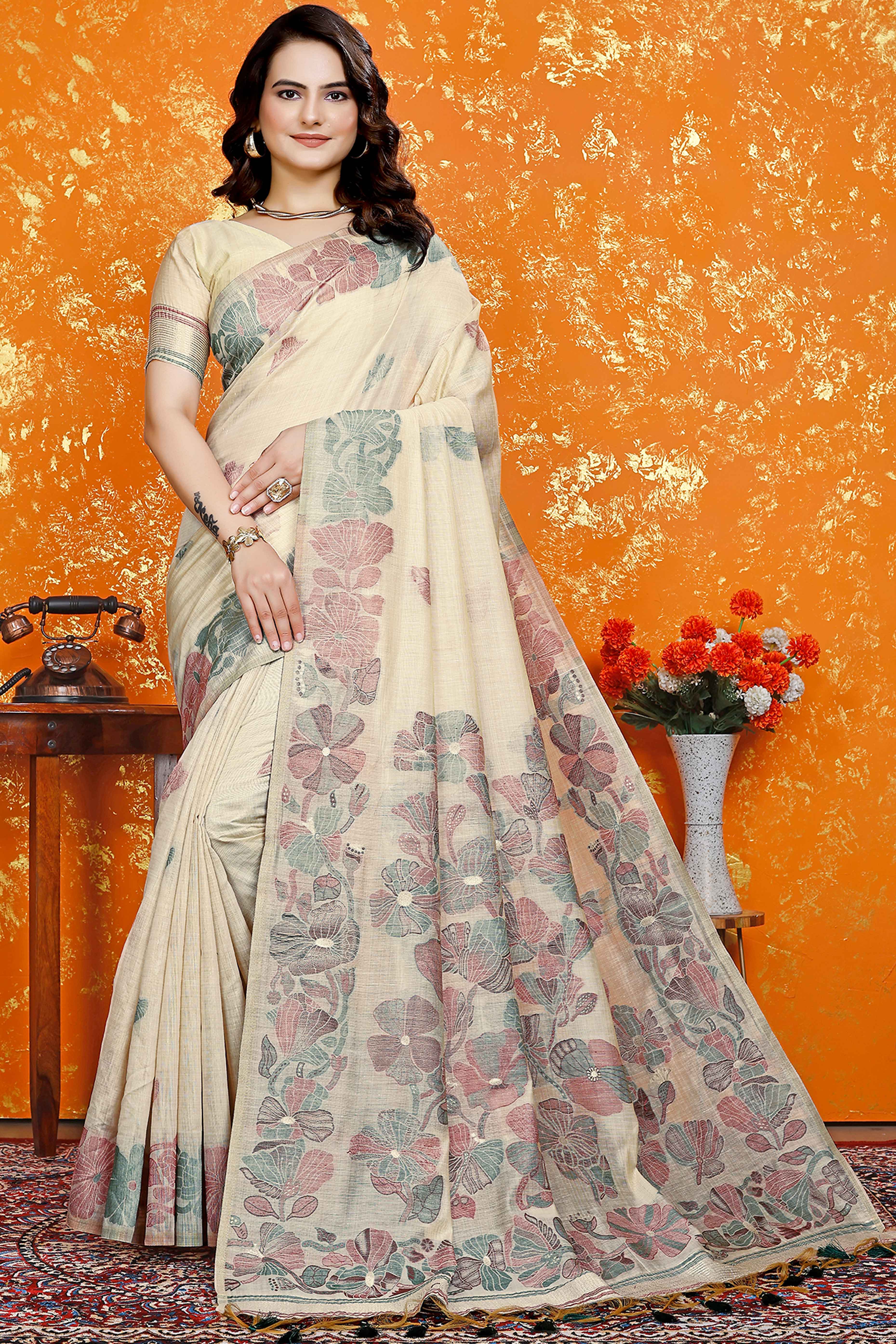 Beige Handwoven Soft Muga Cotton Saree Decorated with Fine Meenakari Weaving Patterns