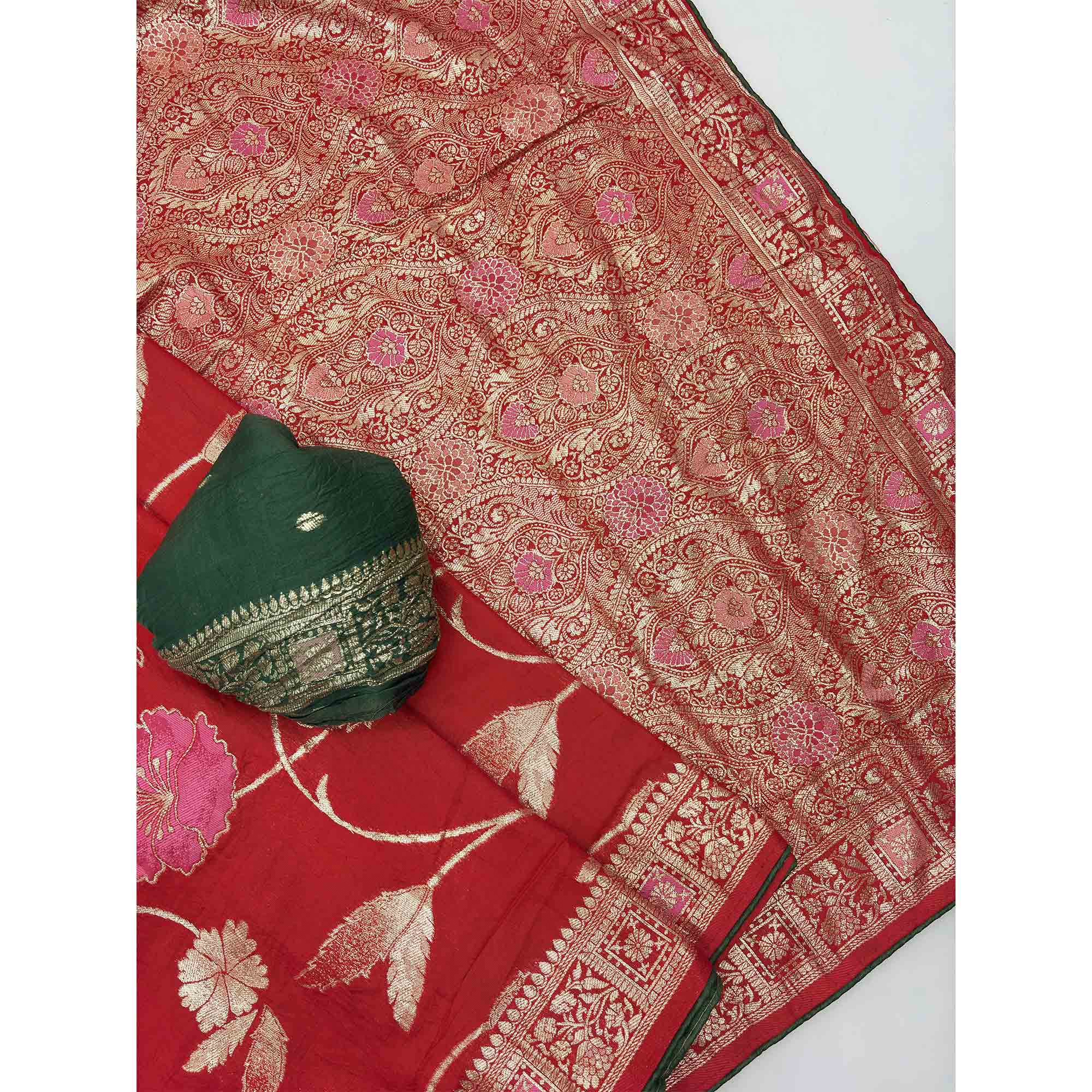 Red Graceful Soft Muslin Saree Highlighted with Premium Meenakari Zari Work